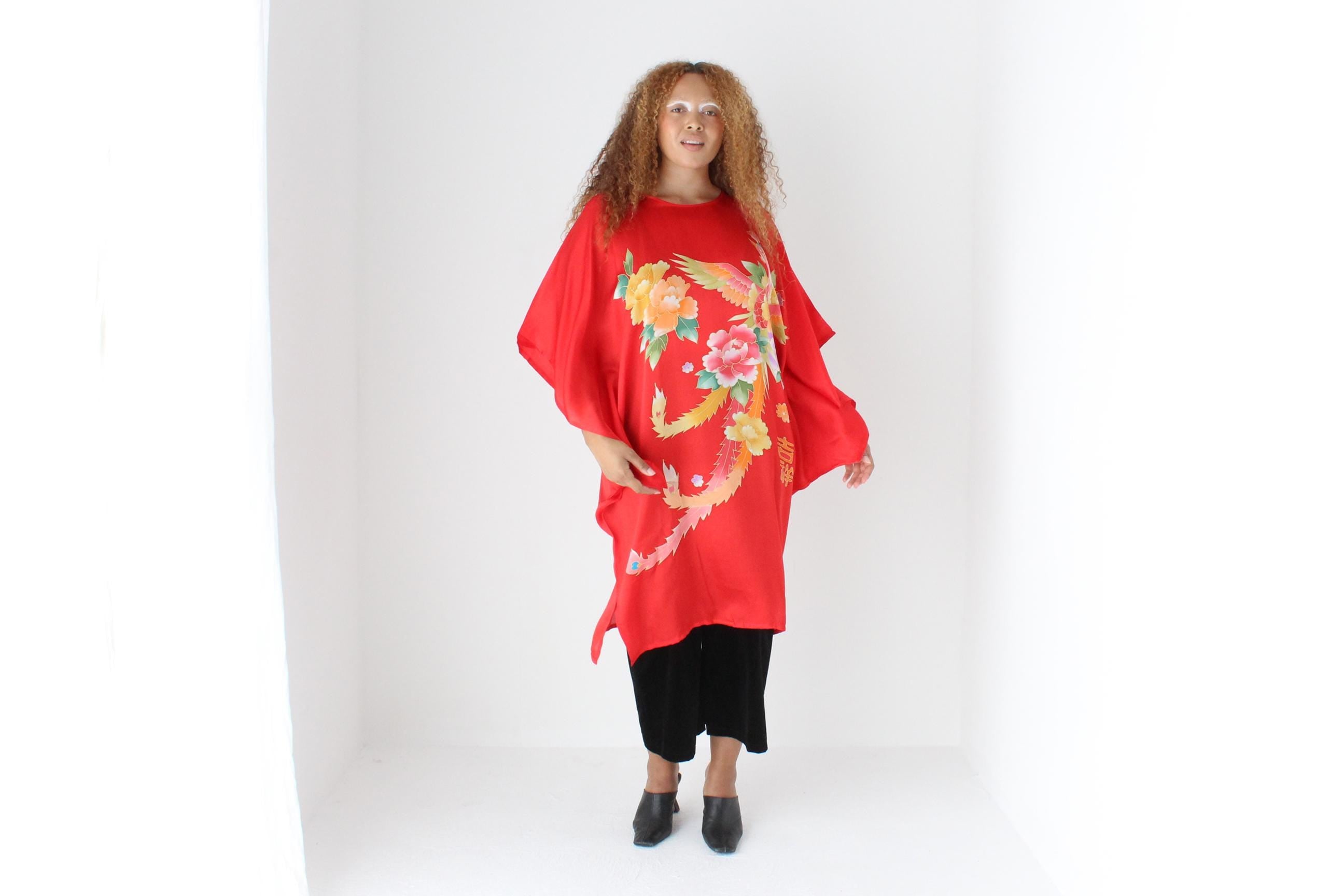 90s Vibrant Pure Silk Phoenix Print Batwing Dress