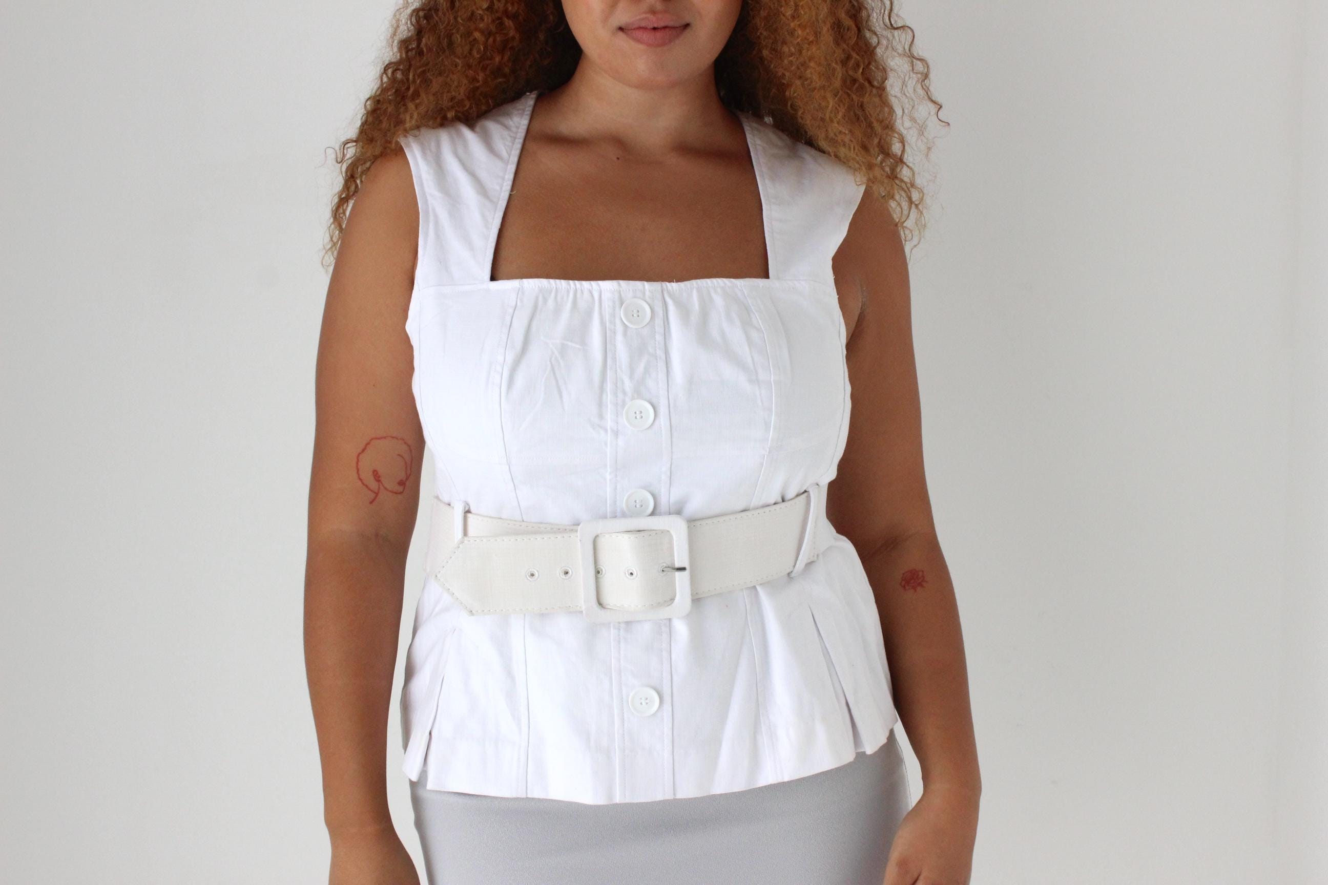 Y2K Funky Square Neck Belted White Denim Bustier Top