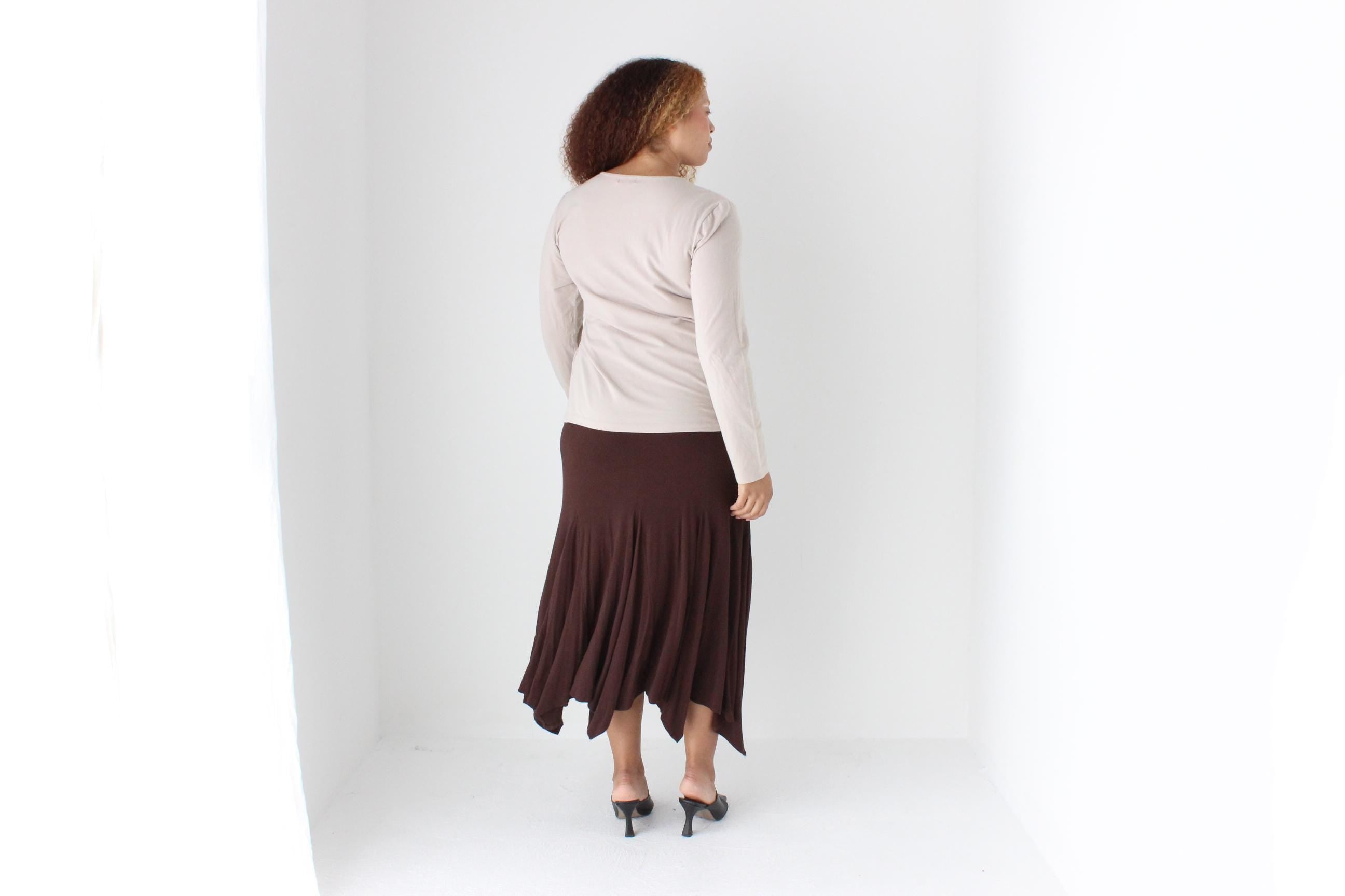 Y2K Slinky Chocolate Viscose Pointed Hem Midi Skirt