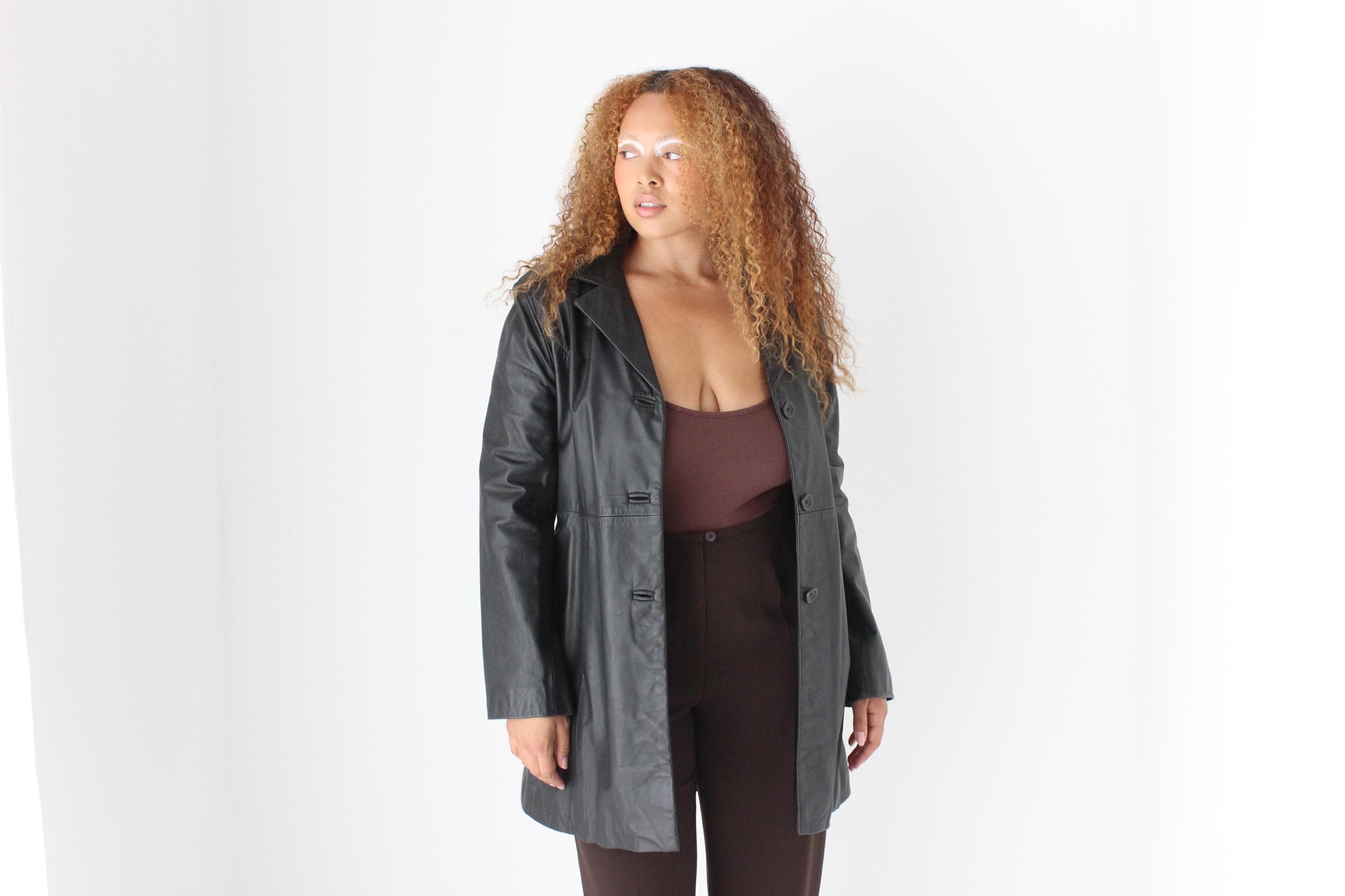 90s Minimal Black Australian Leather Button Up Coat by Siricco