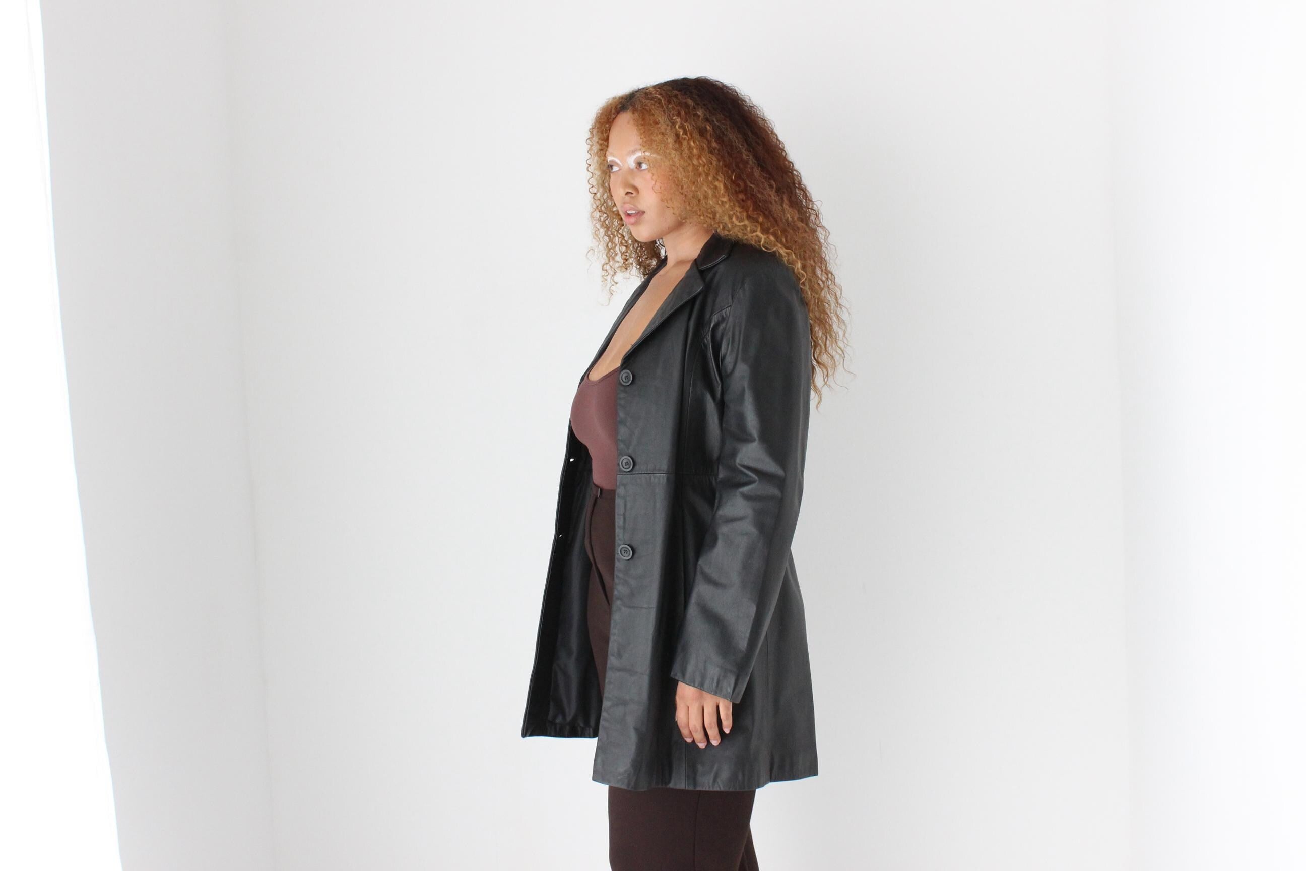 90s Minimal Black Australian Leather Button Up Coat by Siricco