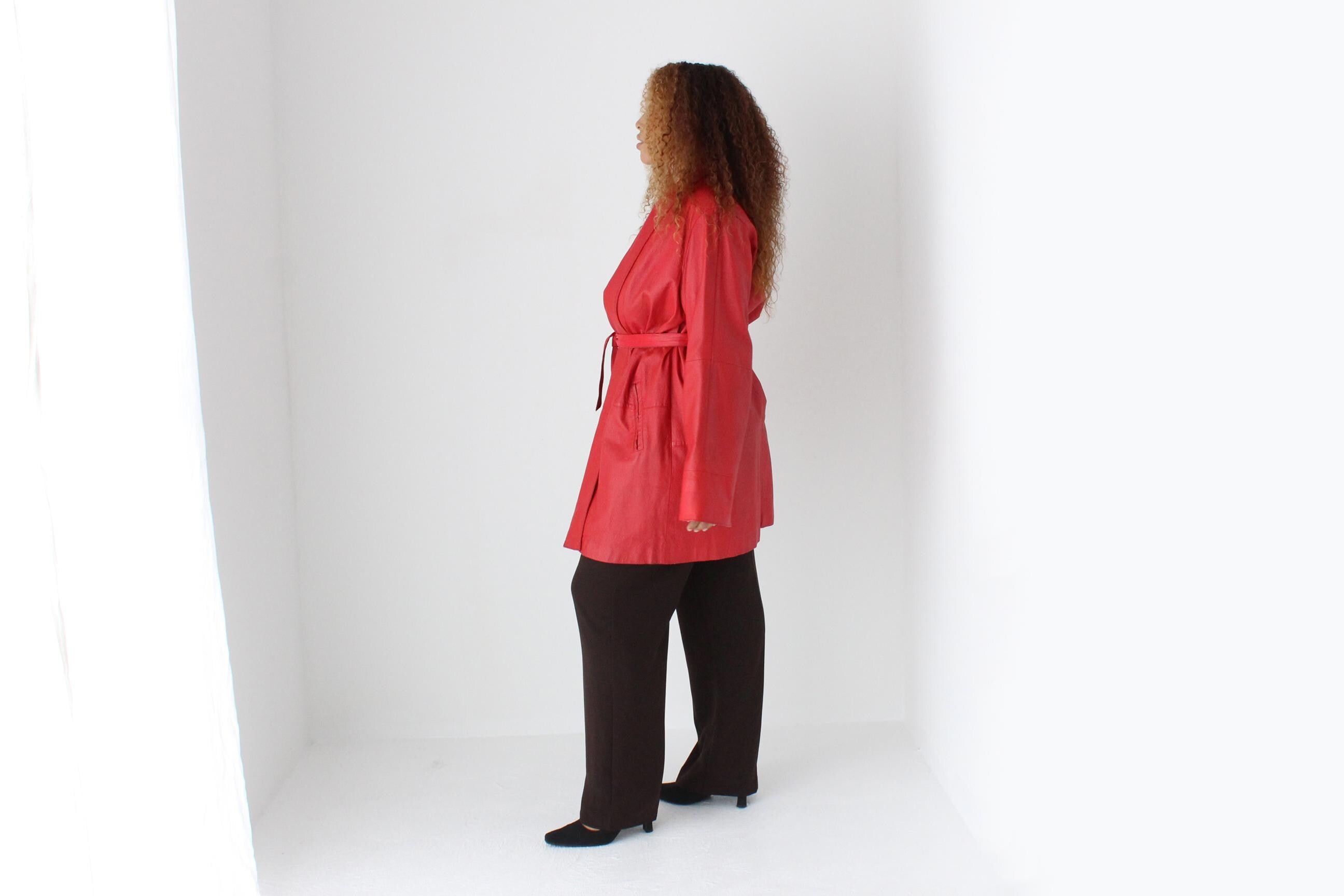 80s Red Leather Belted Swing Coat