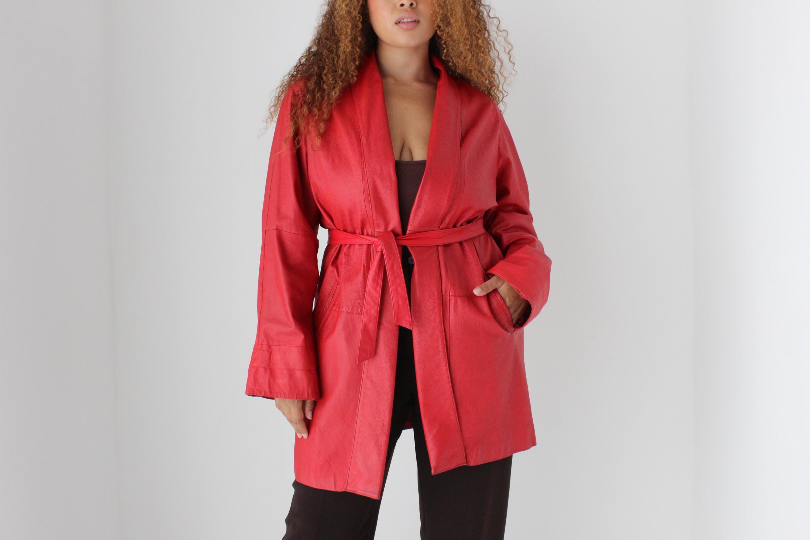 80s Red Leather Belted Swing Coat