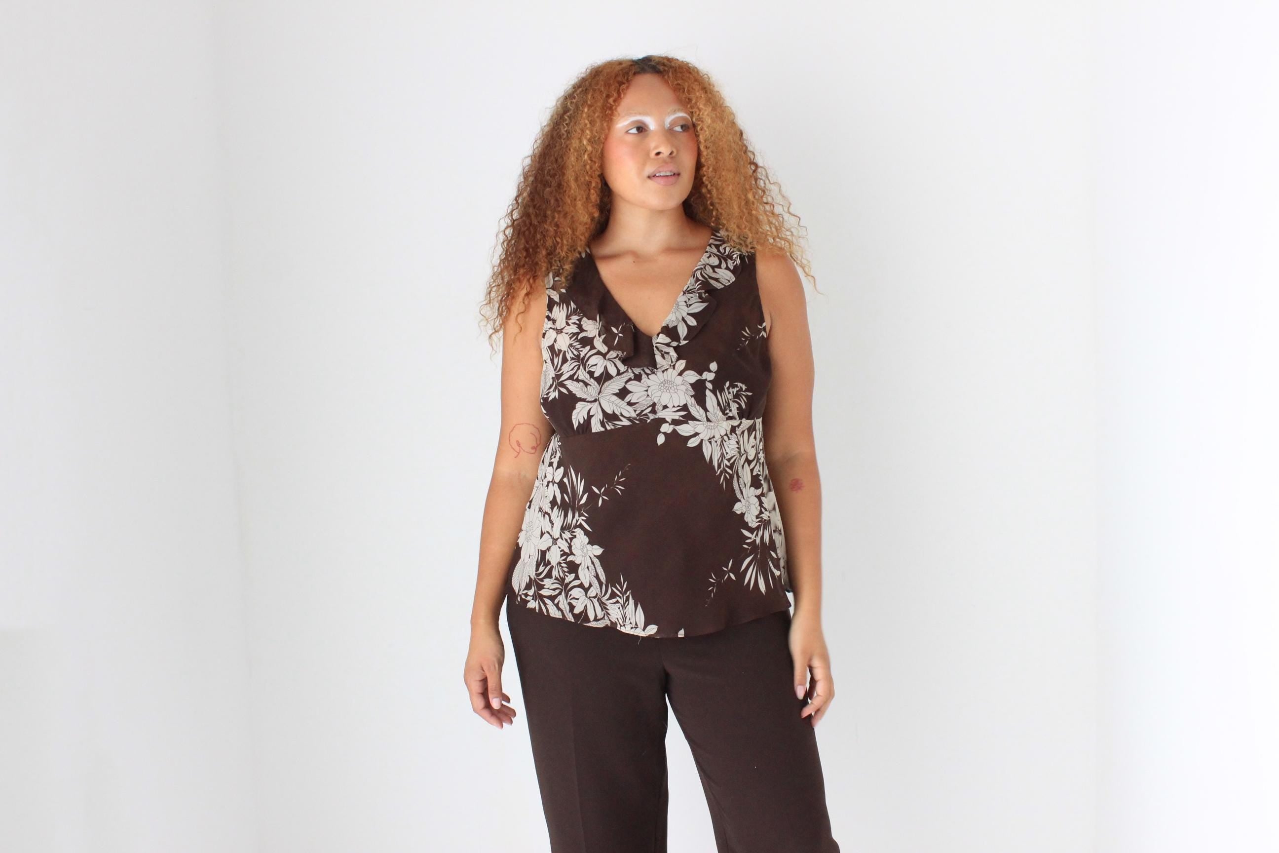 Y2K Romantic Chocolate Floral Ruffle Cami Top