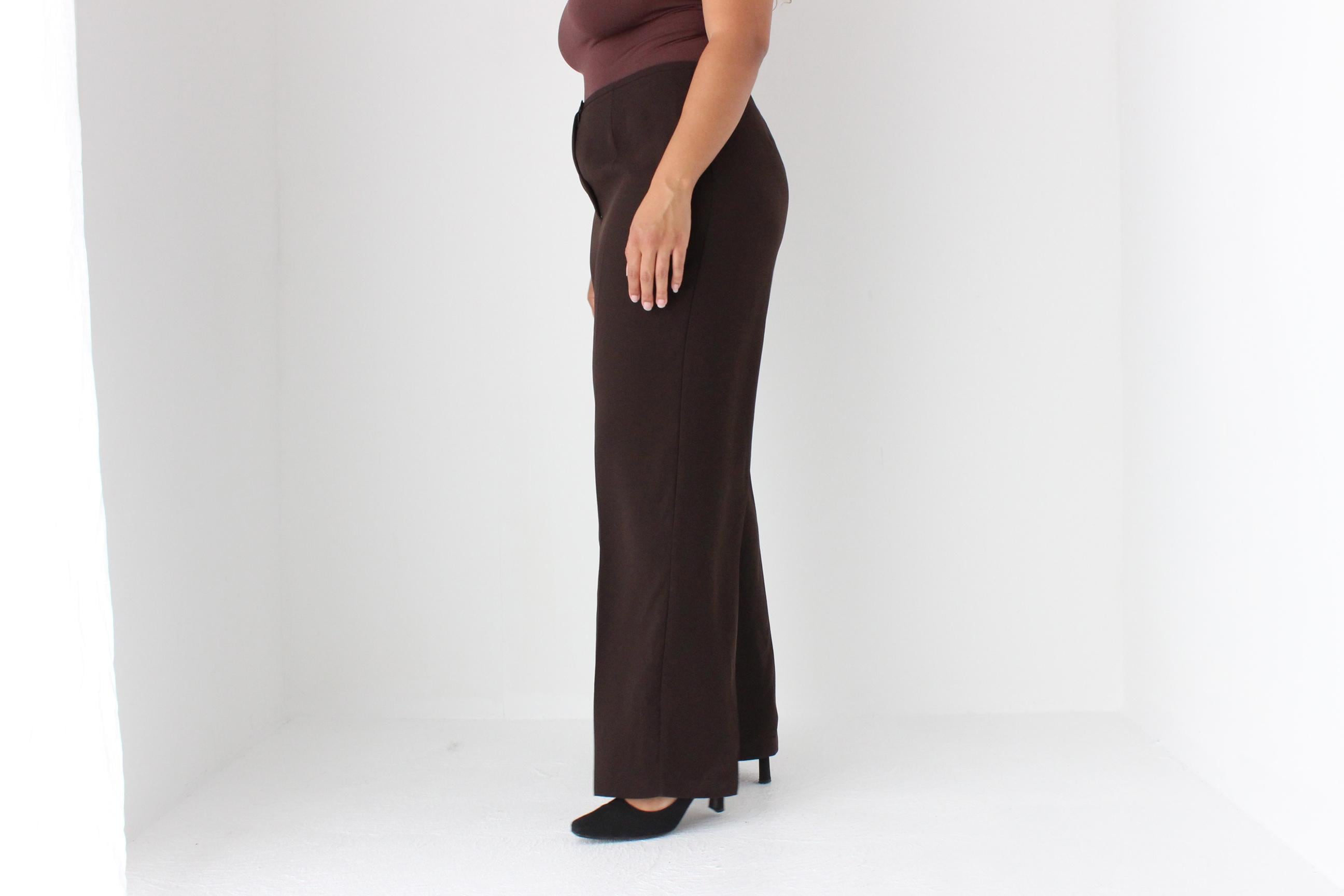 90s Minimal Chocolate Crepe Wide Leg Trousers