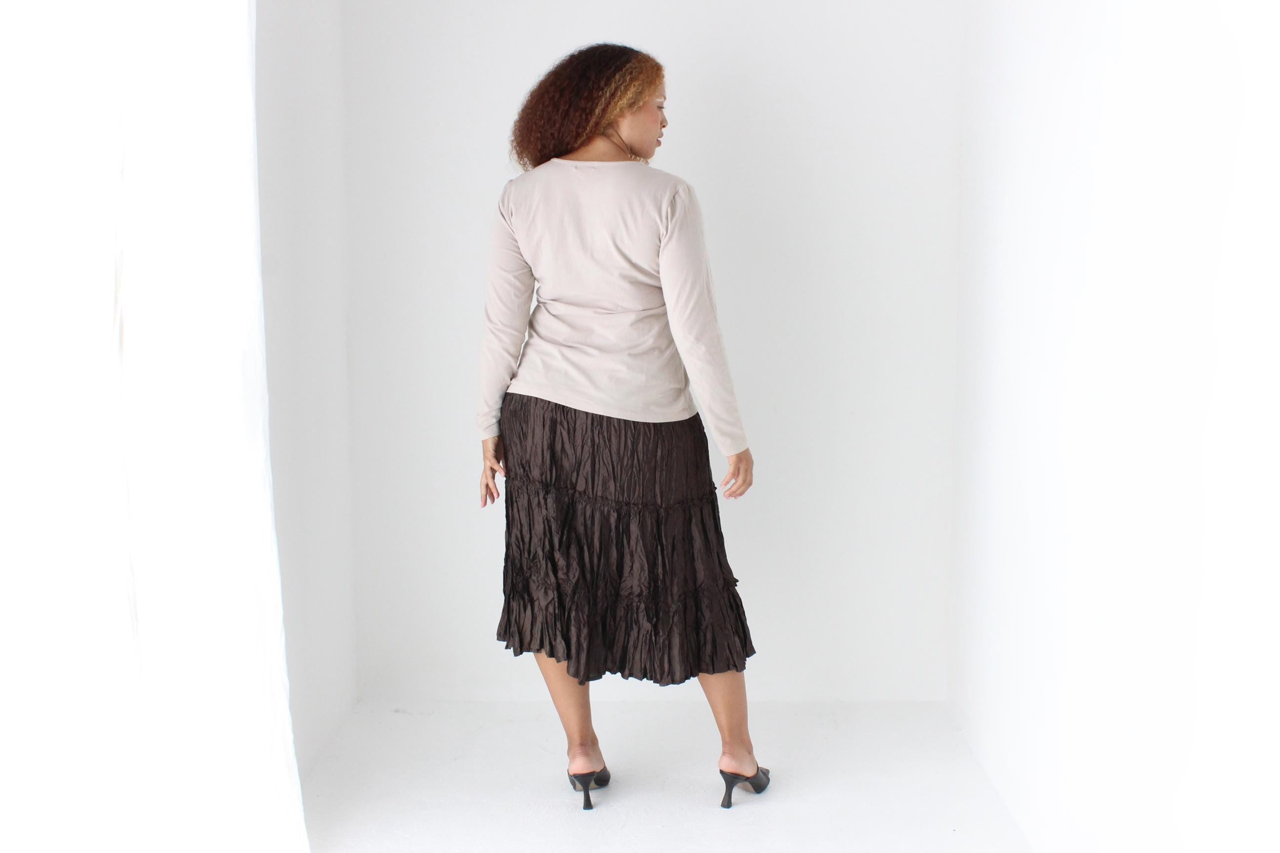 Y2K Metallic Crinkle Chocolate Skirt