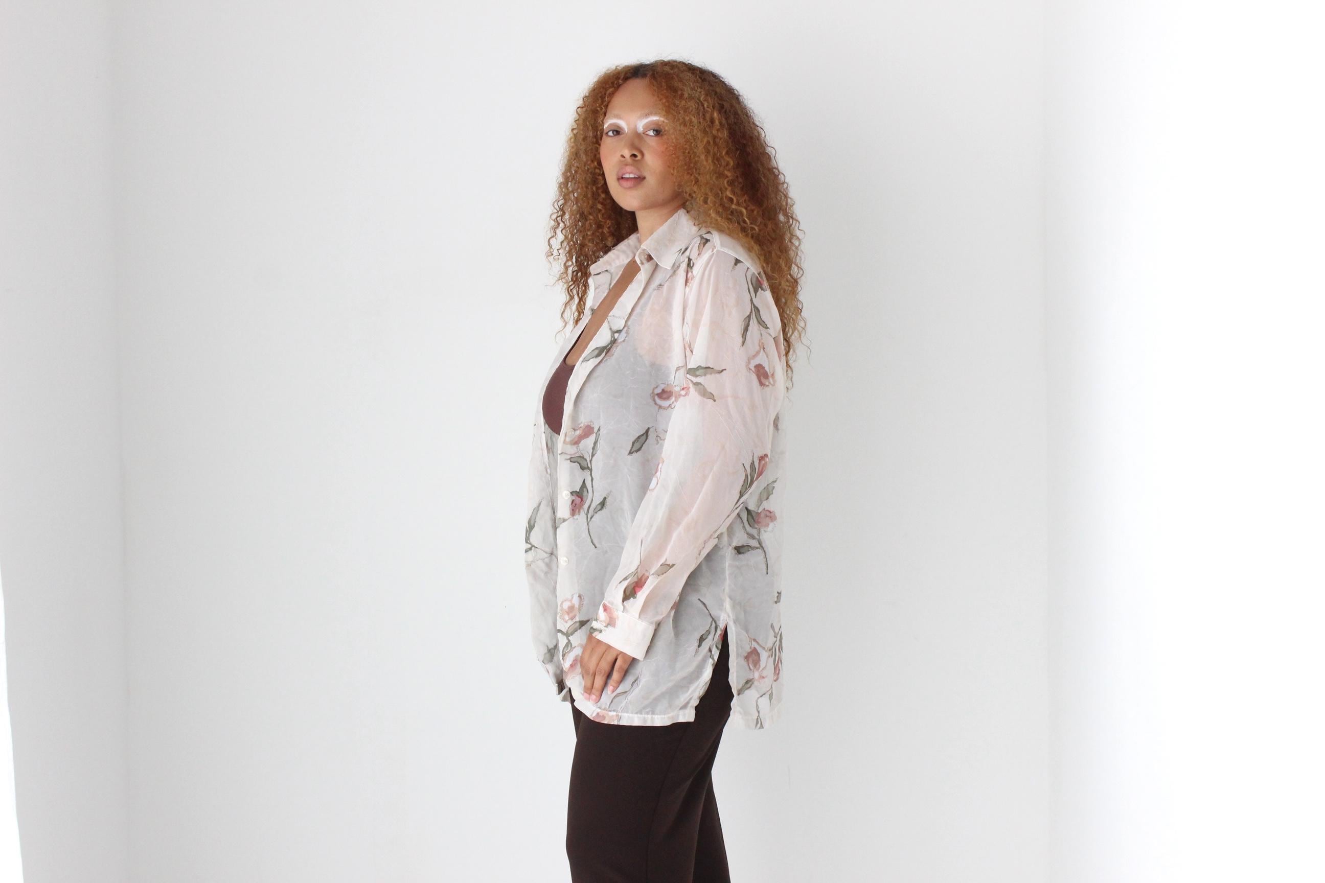 90s Pastel Floral Semi Sheer Shirt