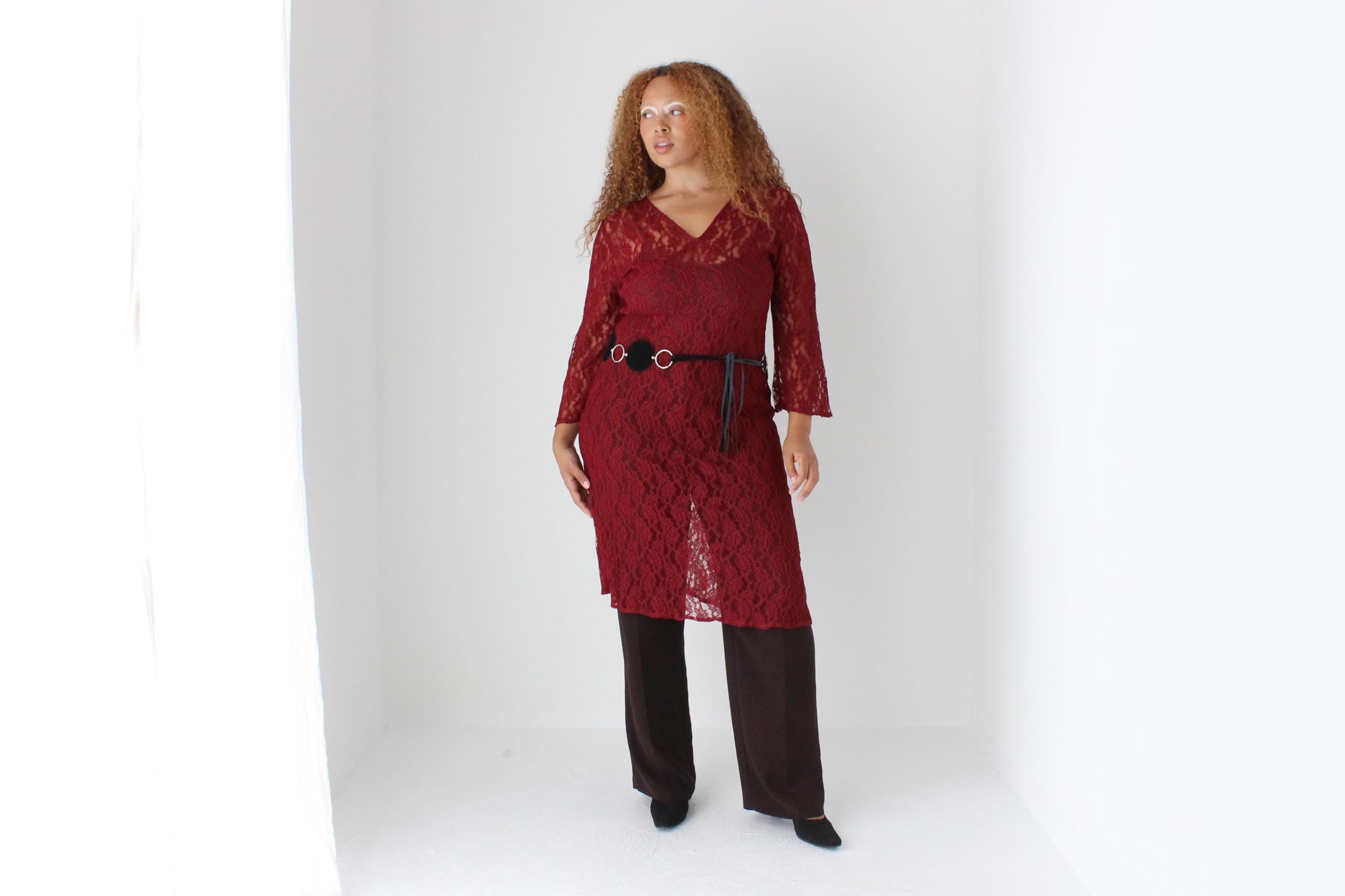 90s Burgundy Lace Sheer Long Flare Sleeve Dress