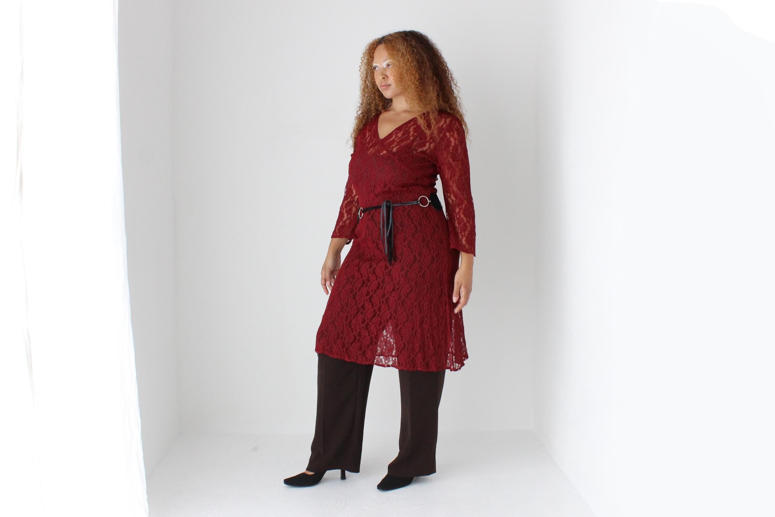 90s Burgundy Lace Sheer Long Flare Sleeve Dress