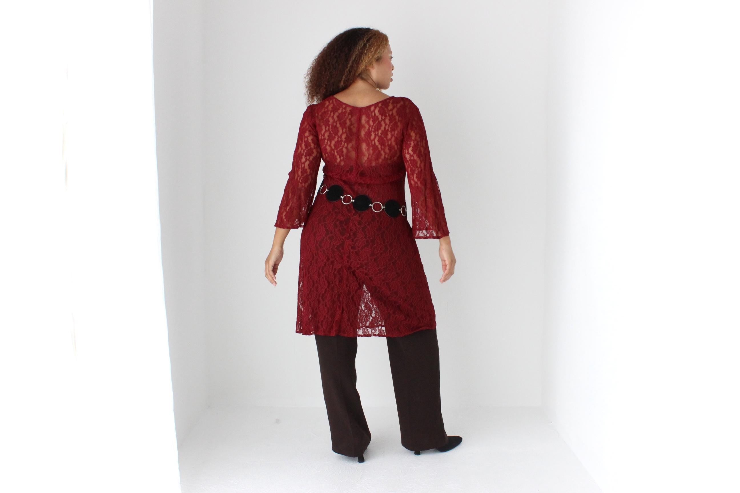 90s Burgundy Lace Sheer Long Flare Sleeve Dress