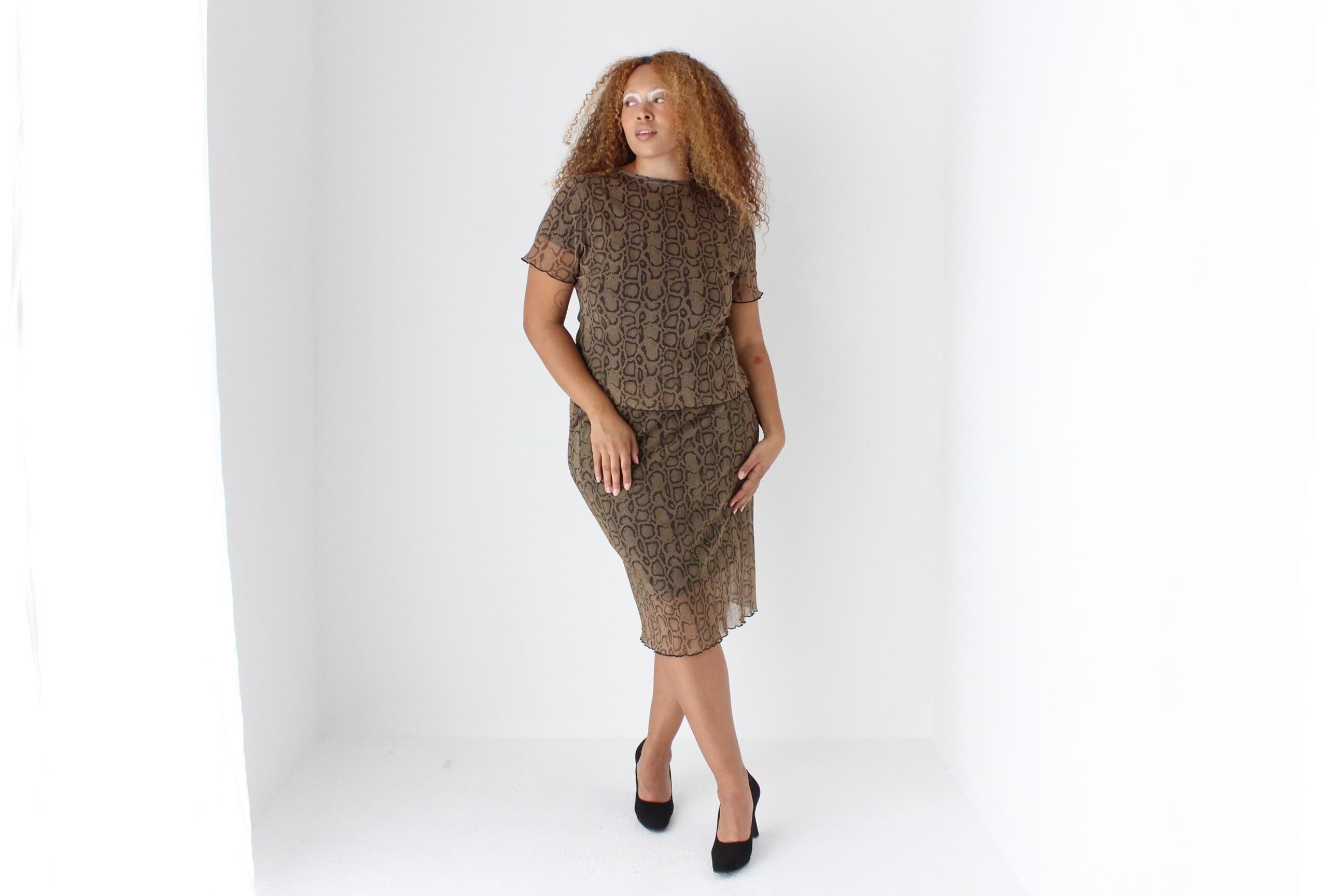 90s Python Print Mesh Two Piece Top & Skirt Set