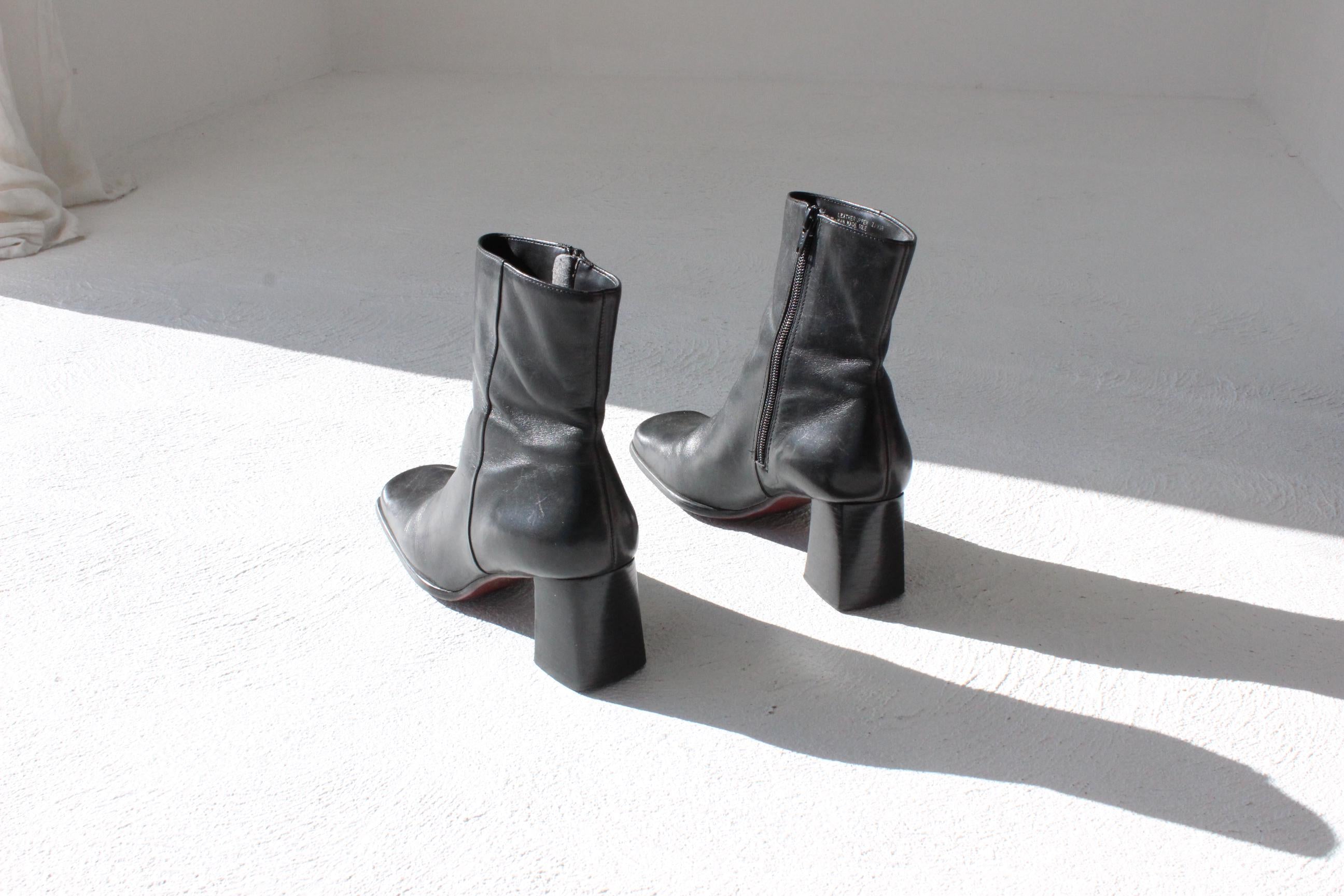 90s Square Toe Black Leather Ankle Boots by Nine West ~ Euro 38