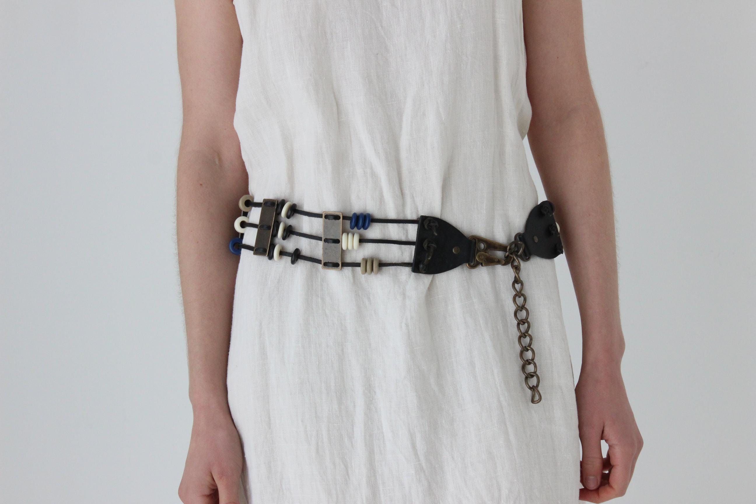 70s Leather & Bead Brass Metal Chain Belt