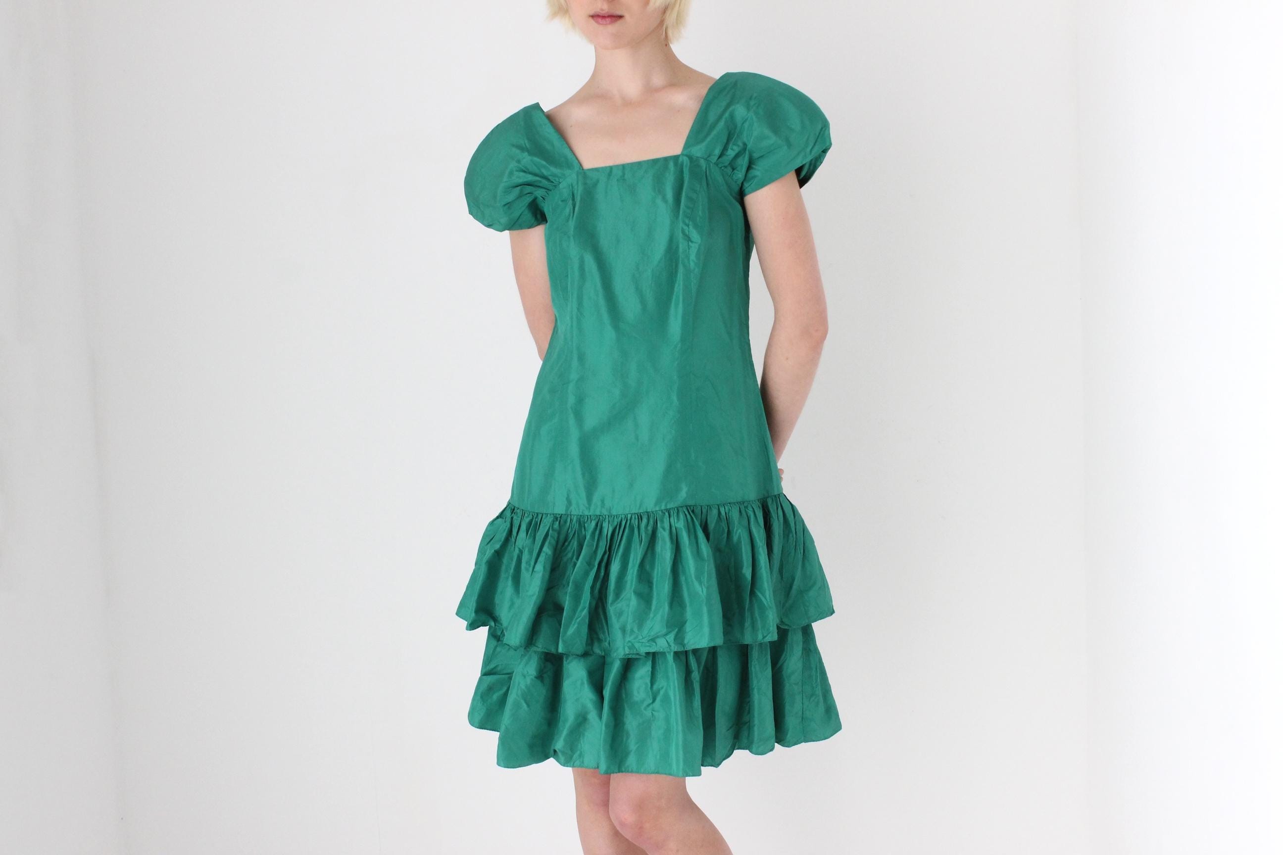 80s Puff & Ruffle Taffeta Drop Waist Cocktail Dress