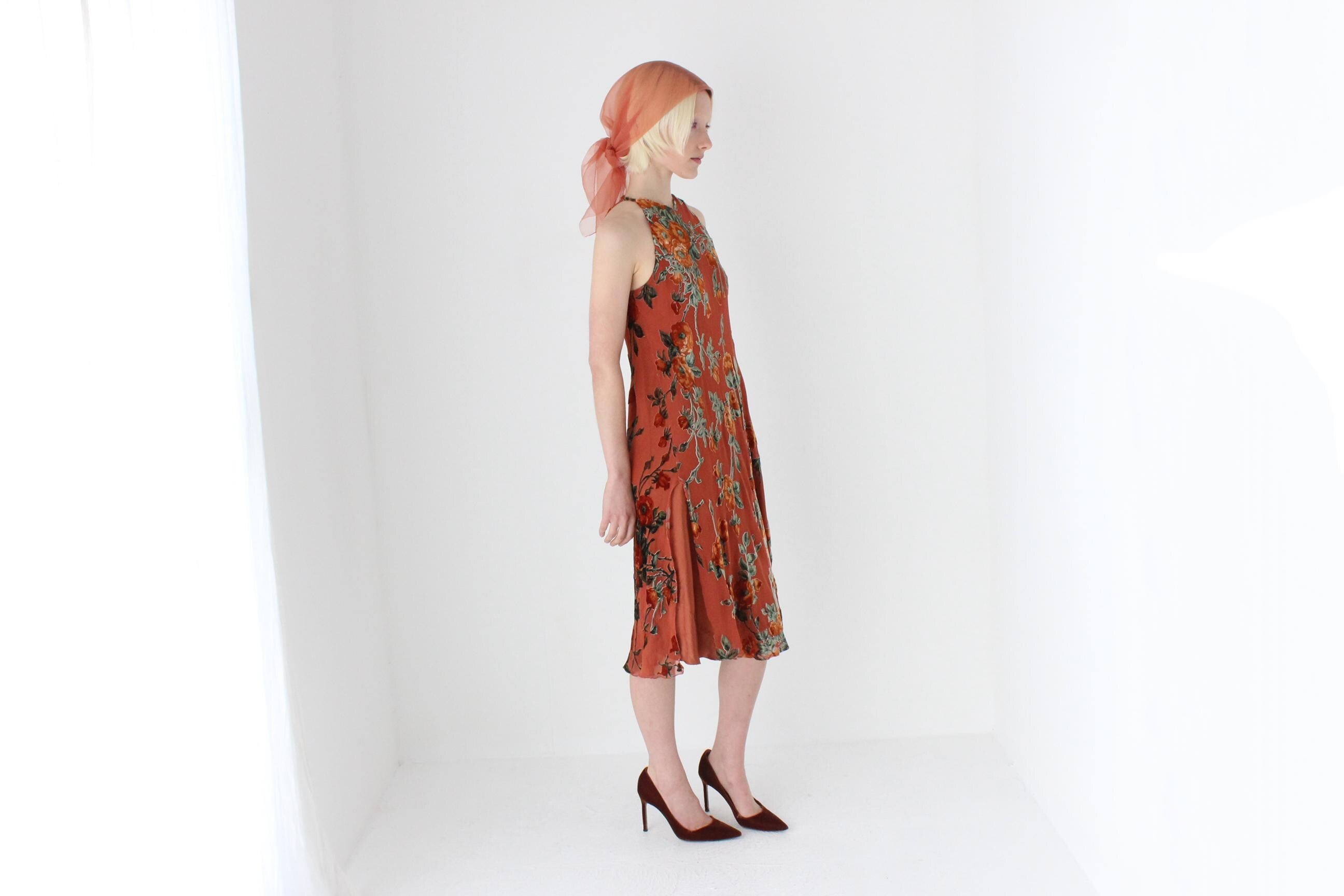 90s Italian Vintage PURE SILK Velvet Burnout Dress