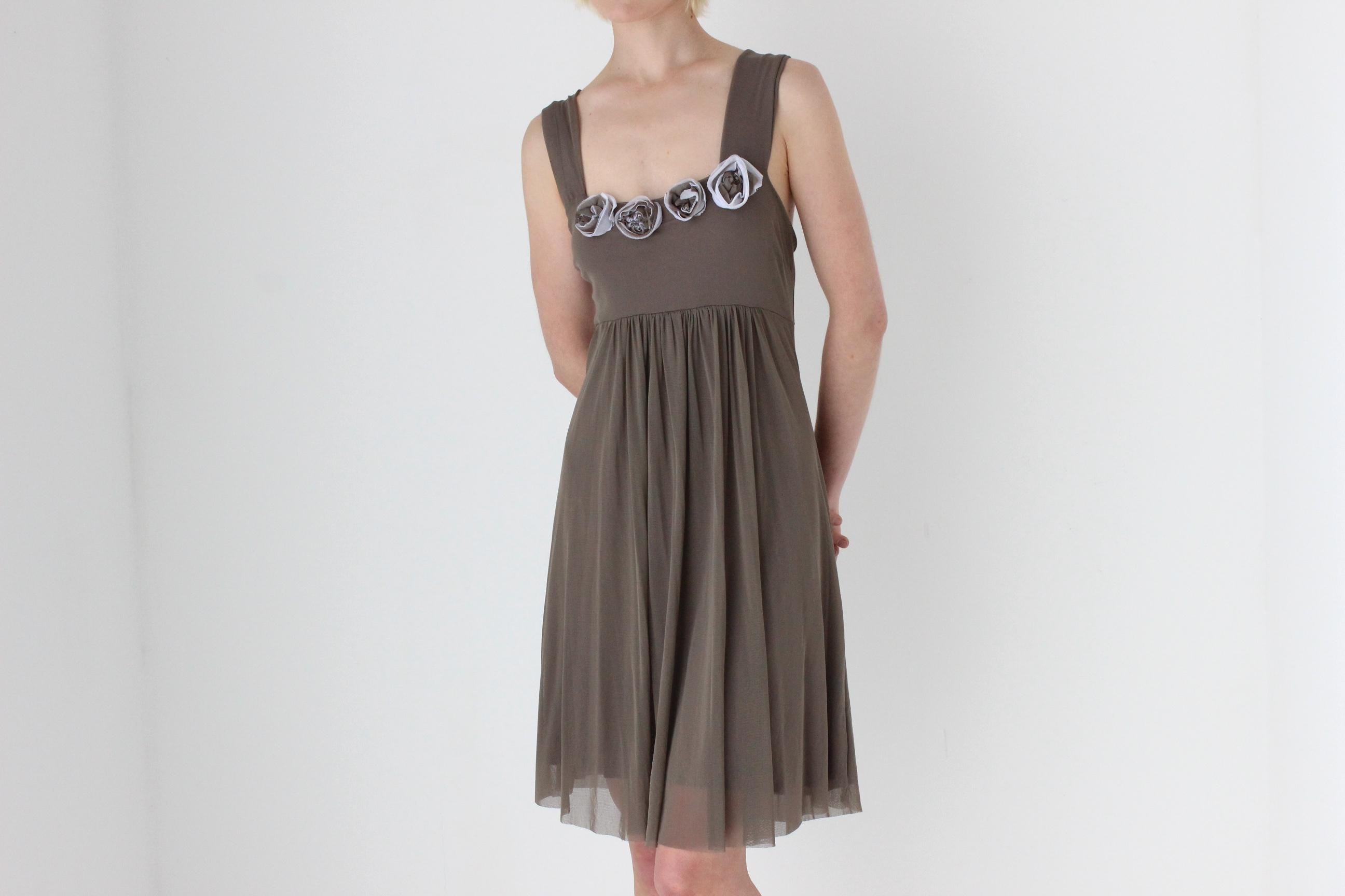 Y2K Italian Taupe Mesh Tank Mini Dress w/ Rosettes