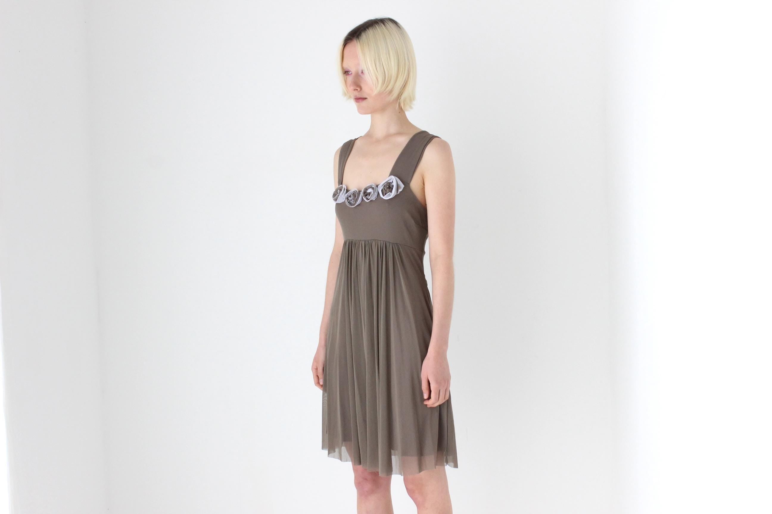 Y2K Italian Taupe Mesh Tank Mini Dress w/ Rosettes