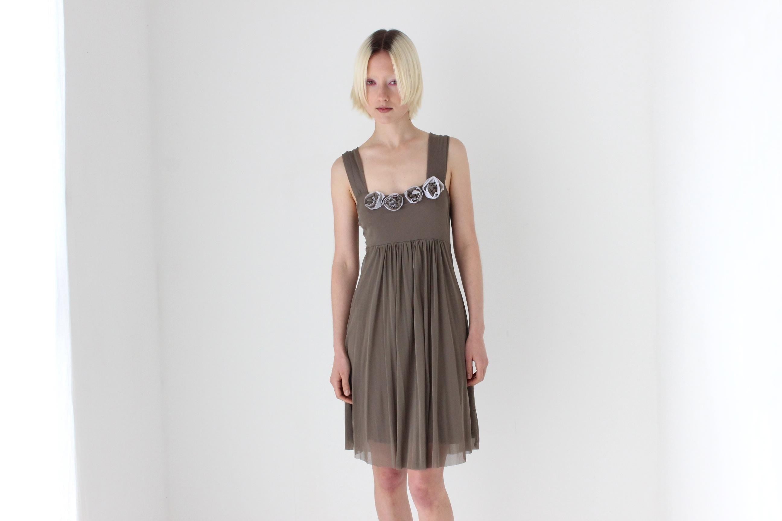 Y2K Italian Taupe Mesh Tank Mini Dress w/ Rosettes