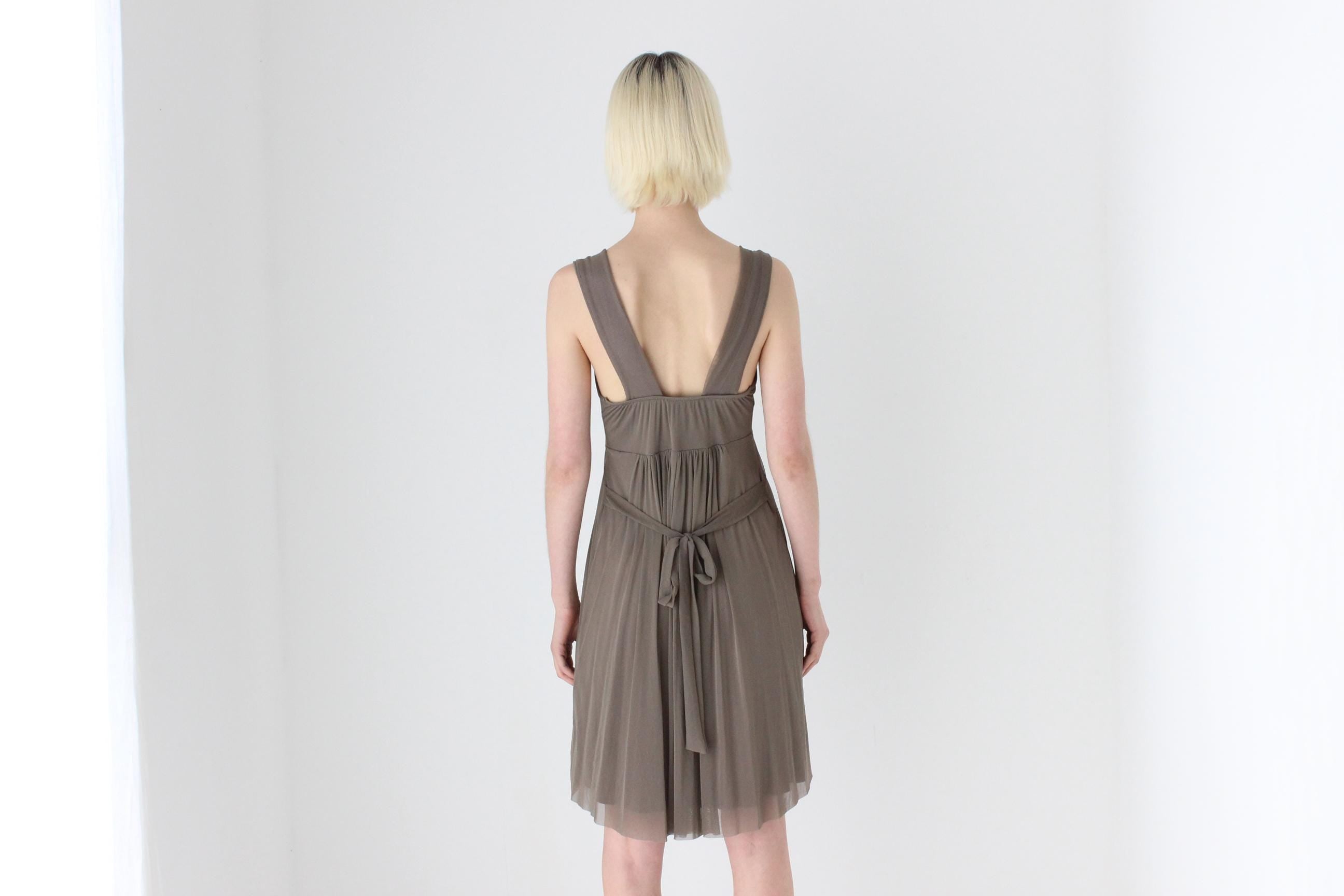 Y2K Italian Taupe Mesh Tank Mini Dress w/ Rosettes