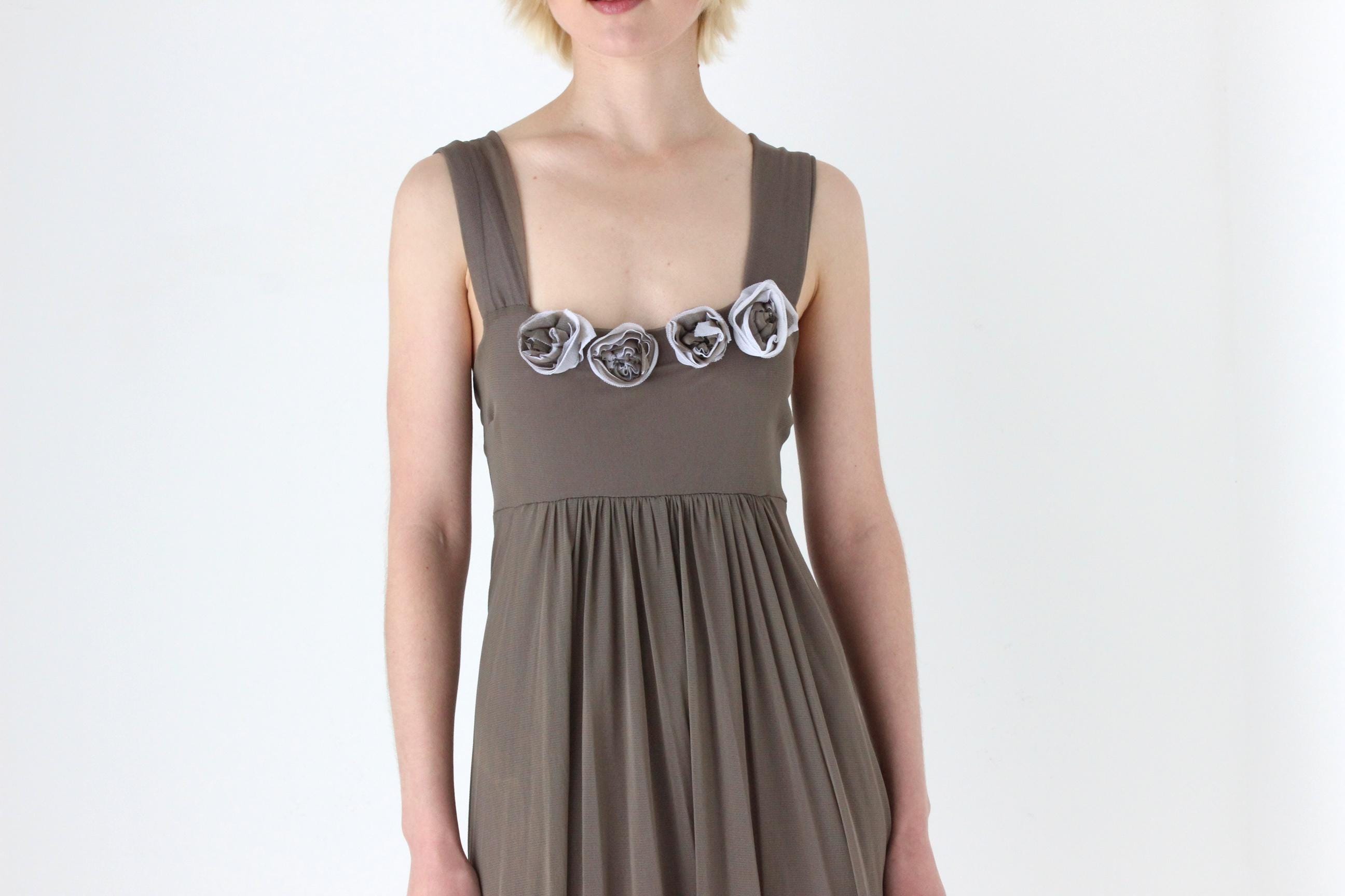 Y2K Italian Taupe Mesh Tank Mini Dress w/ Rosettes