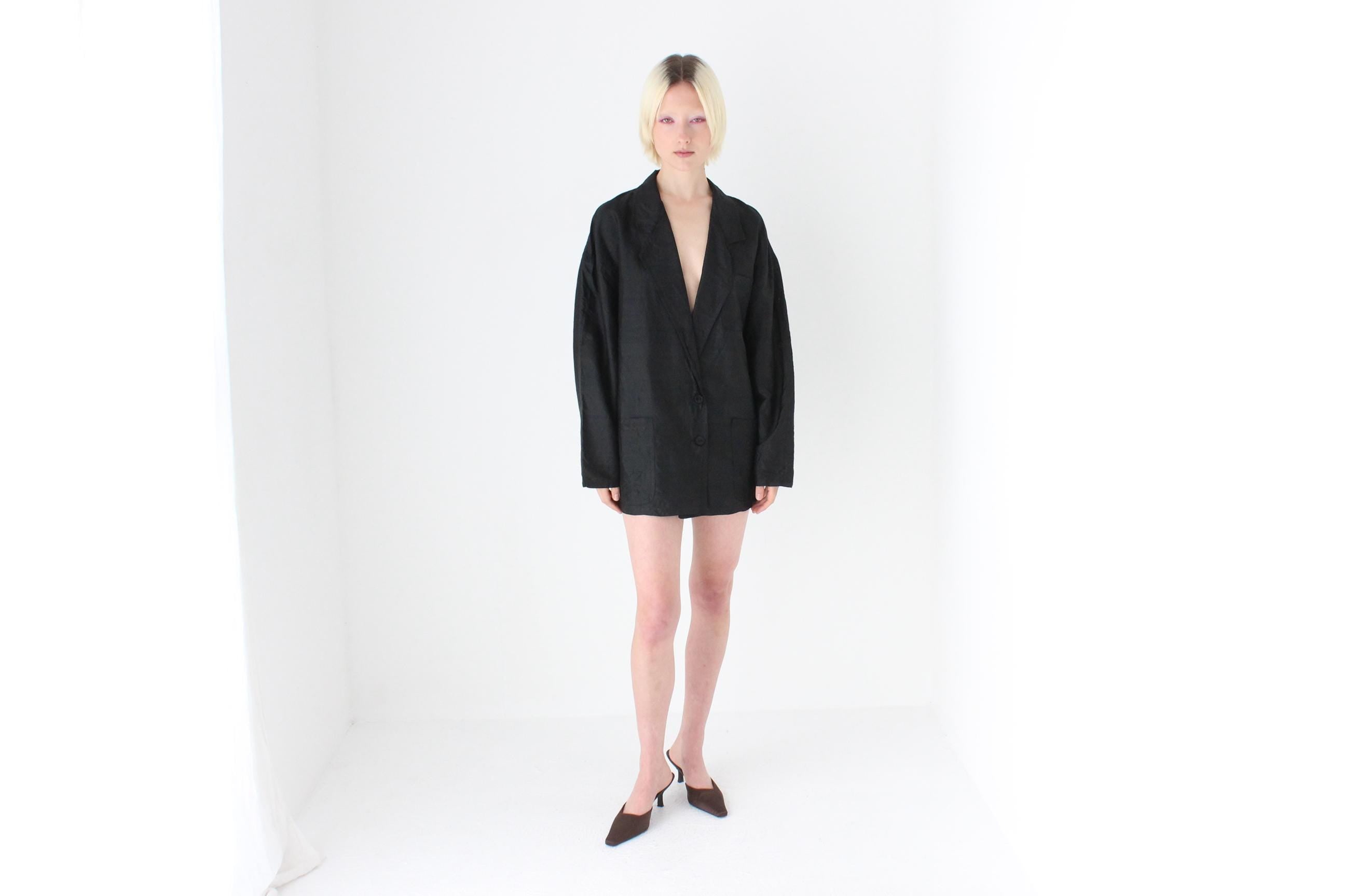 80s Raw Silk Boxy Black Suit Blazer / Cocoon Mini Dress