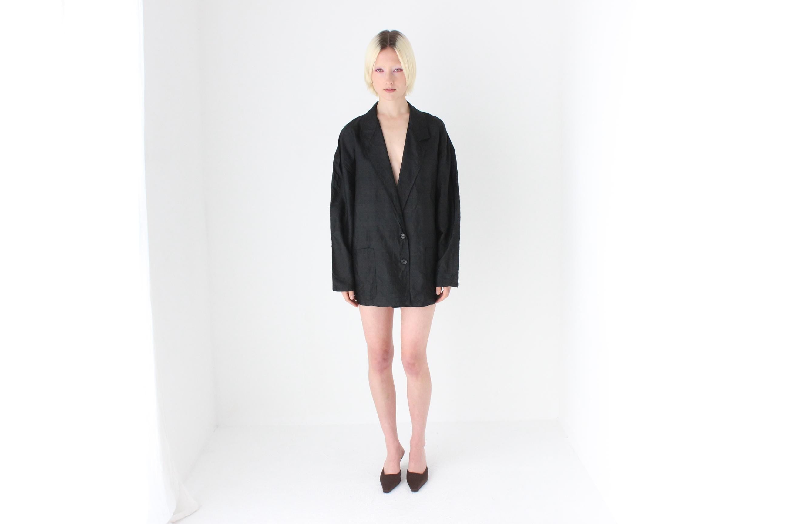 80s Raw Silk Boxy Black Suit Blazer / Cocoon Mini Dress