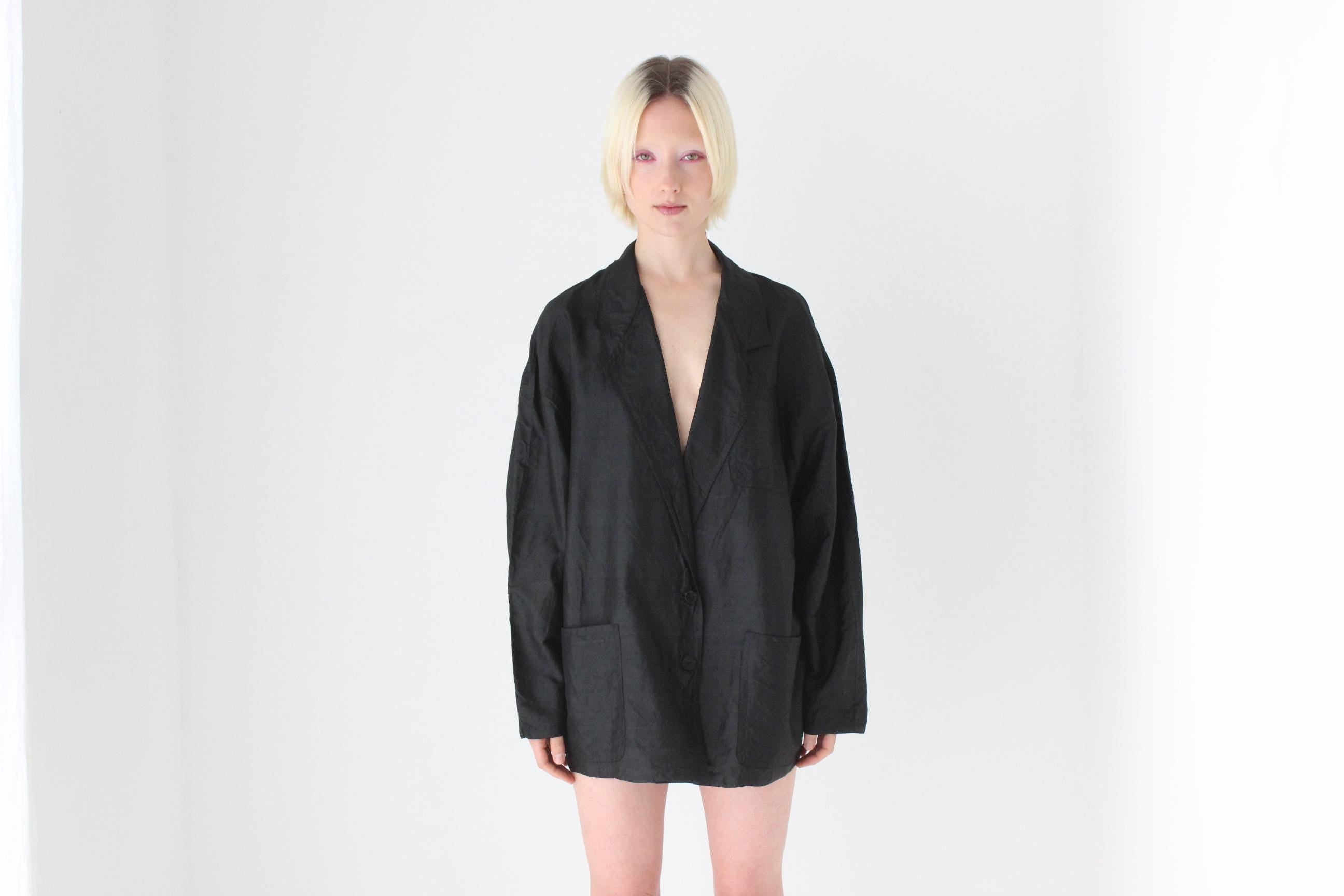 80s Raw Silk Boxy Black Suit Blazer / Cocoon Mini Dress