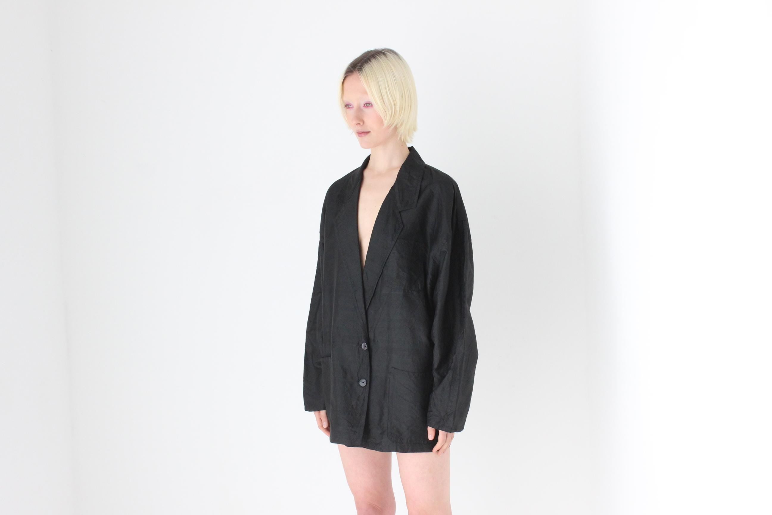 80s Raw Silk Boxy Black Suit Blazer / Cocoon Mini Dress