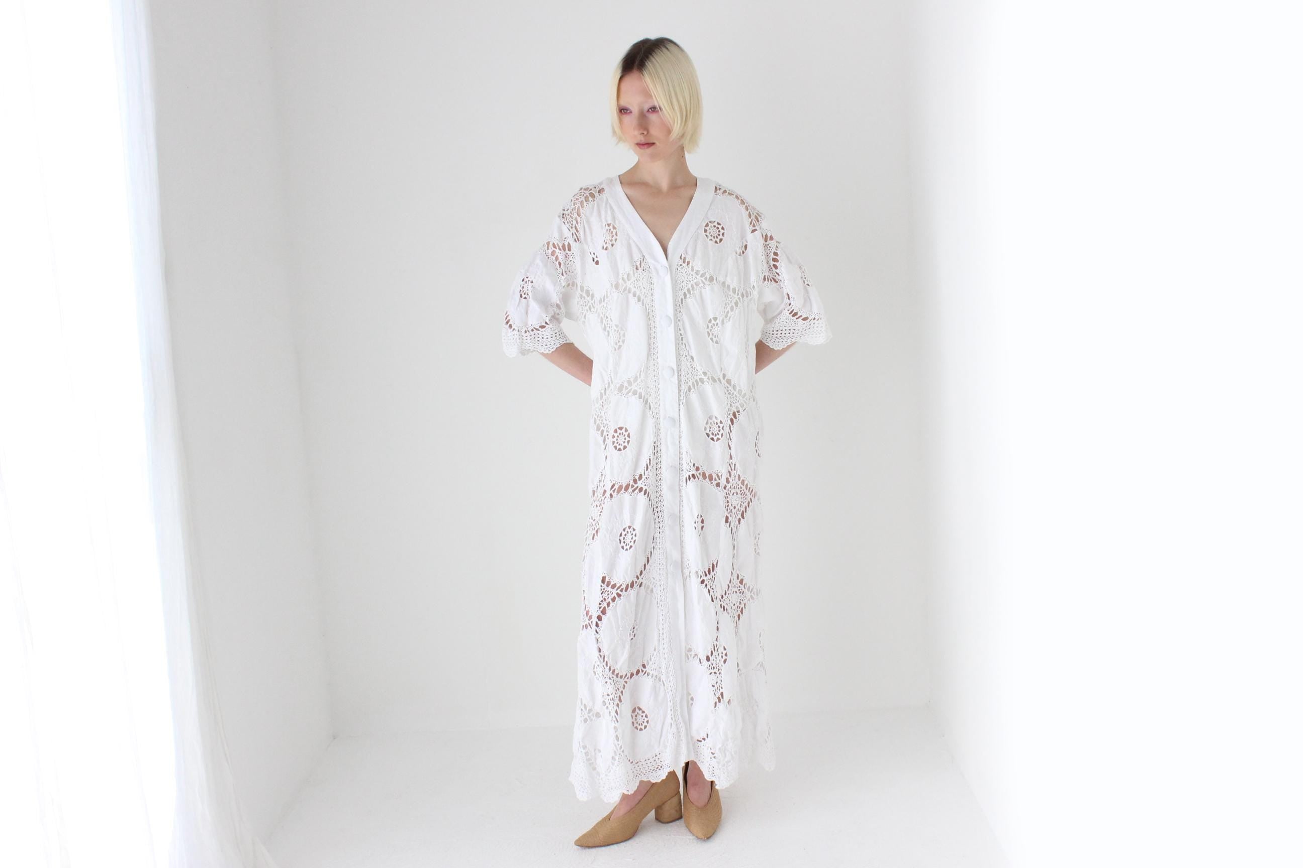 80s Crochet Doily Cotton Cutwork Lace Maxi Dress