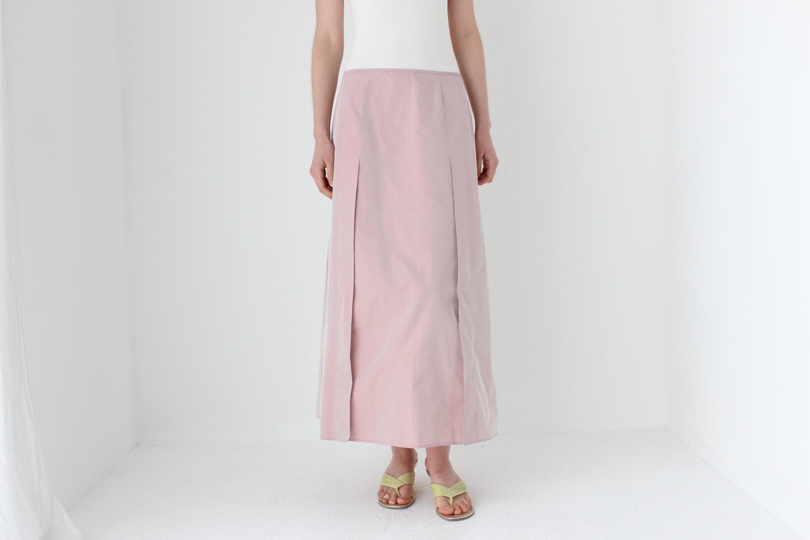 90s Pastel Pink Iridescent Taffeta A-Line Midi Skirt