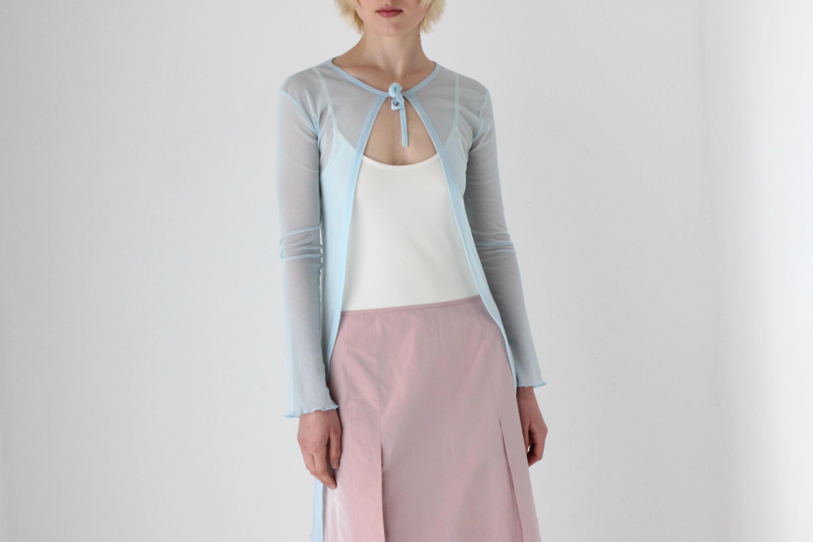 90s Pastel Blue Sheer Mesh Cardigan Top