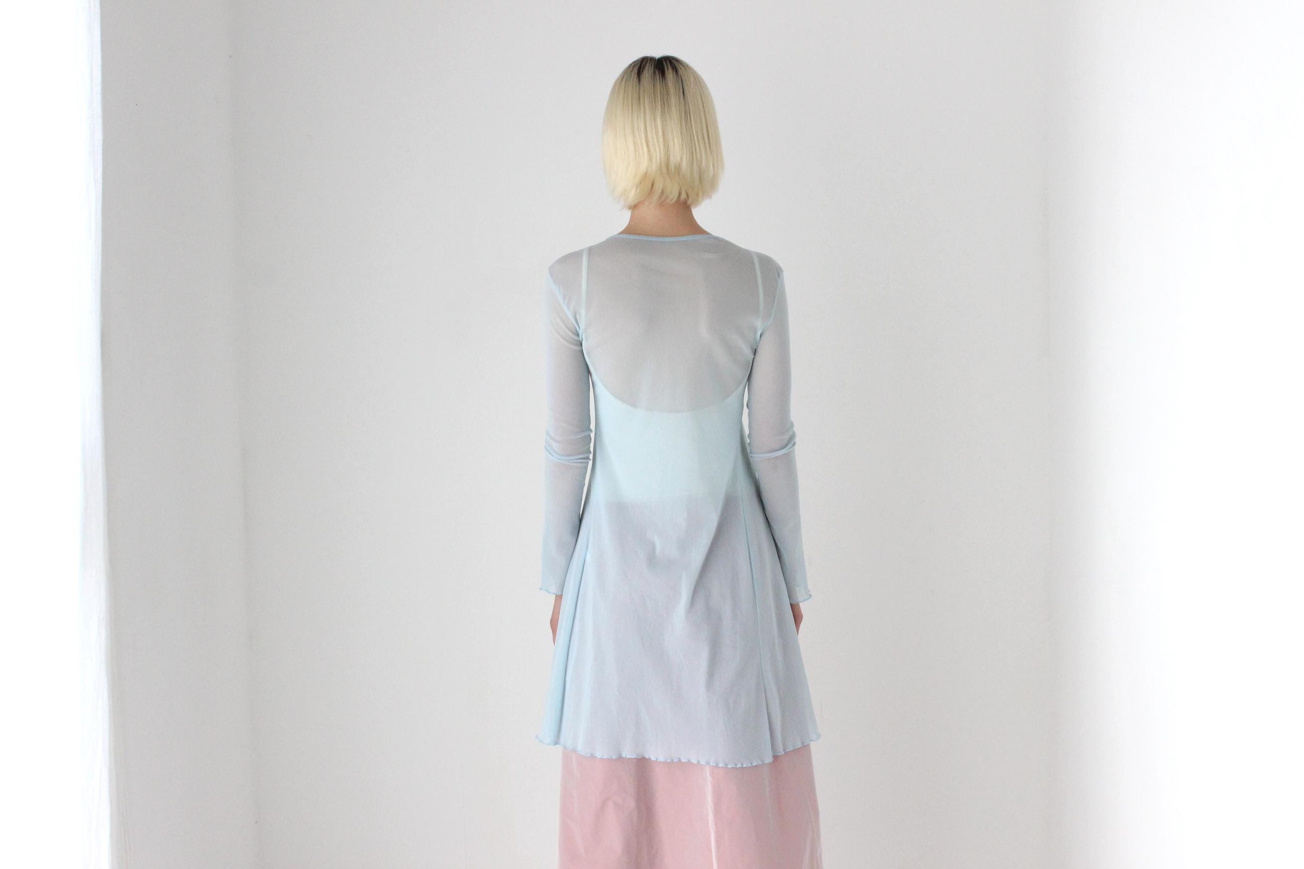 90s Pastel Blue Sheer Mesh Cardigan Top