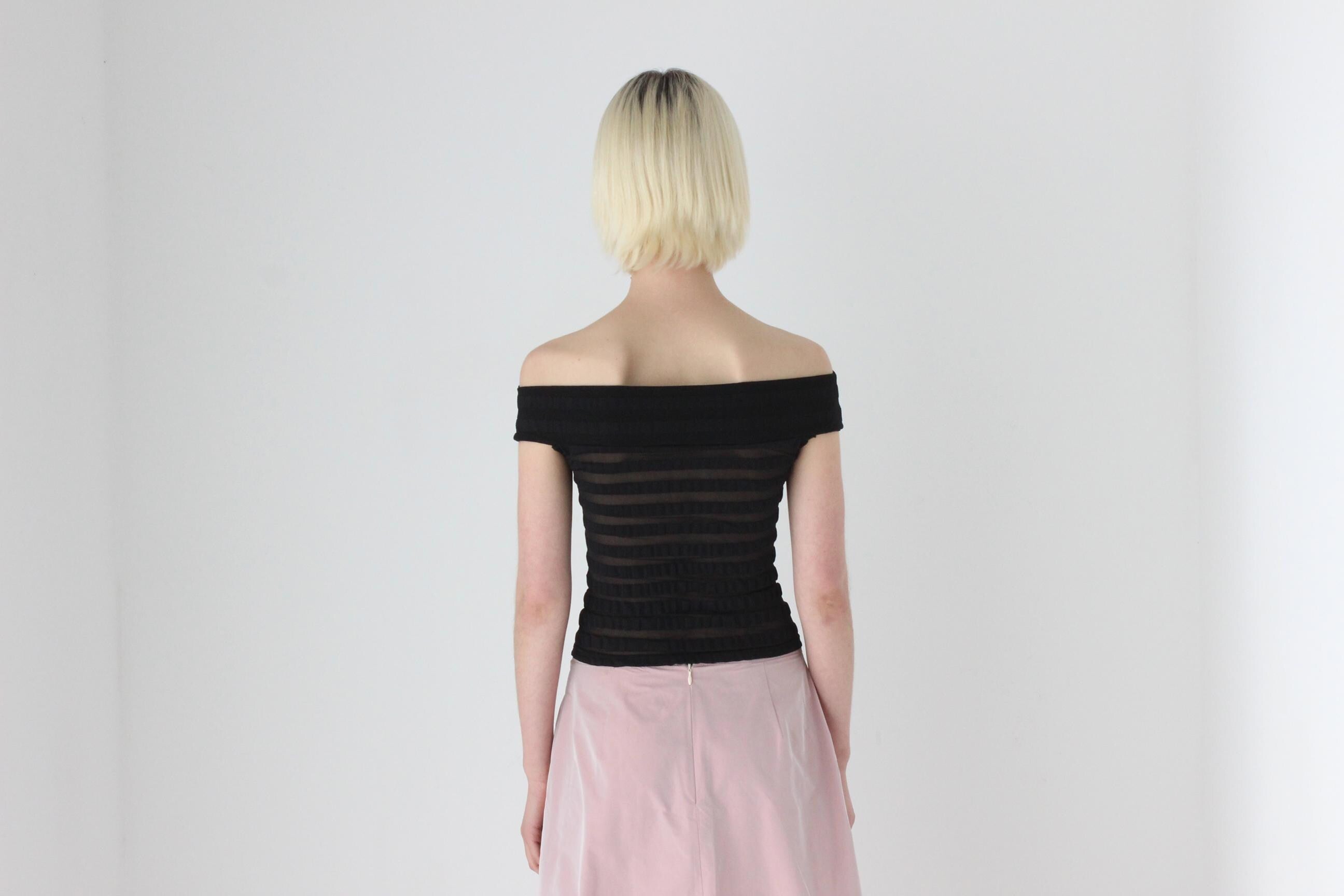 Sexiest 90s Mesh Stripe Off Shoulder Top