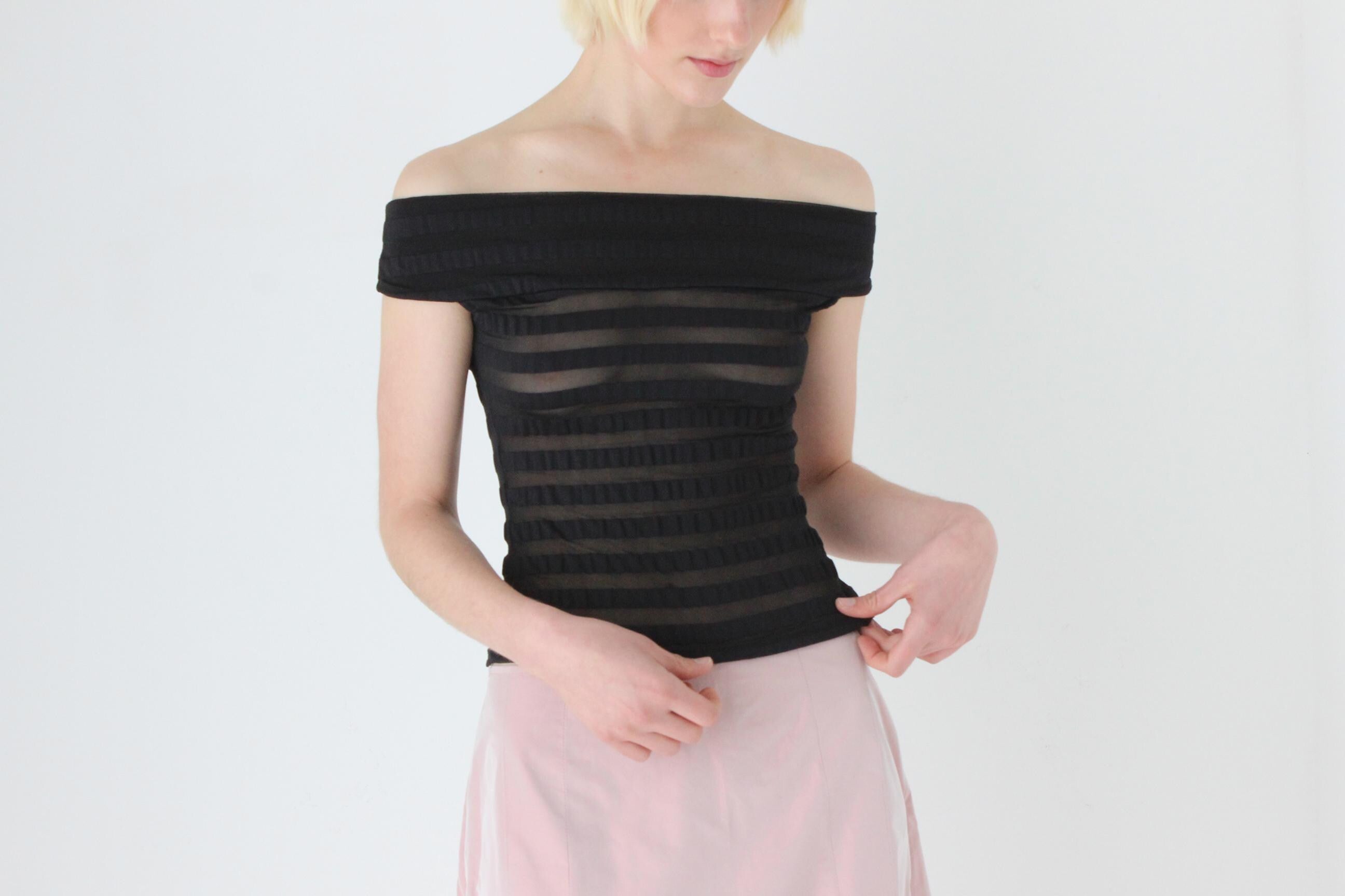 Sexiest 90s Mesh Stripe Off Shoulder Top