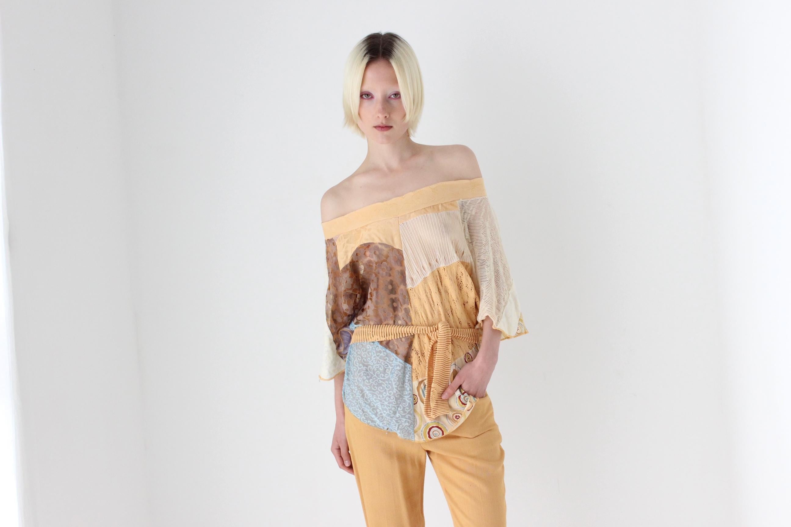 Y2K Abstract Patchwork Pastel Mesh Art Off Shoulder Top