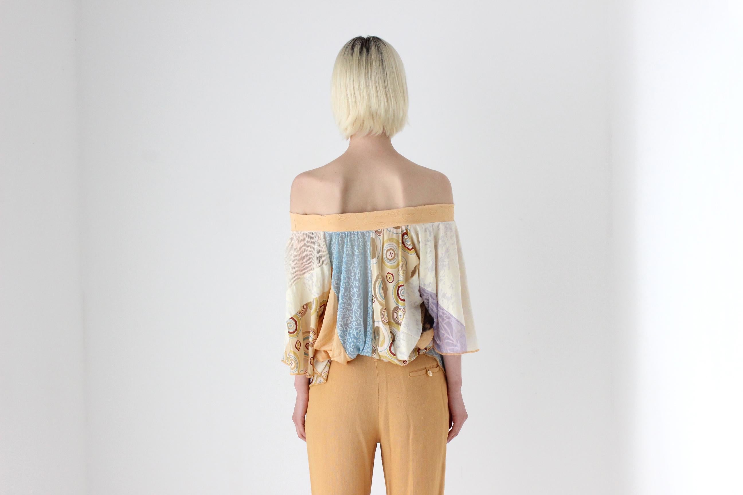 Y2K Abstract Patchwork Pastel Mesh Art Off Shoulder Top