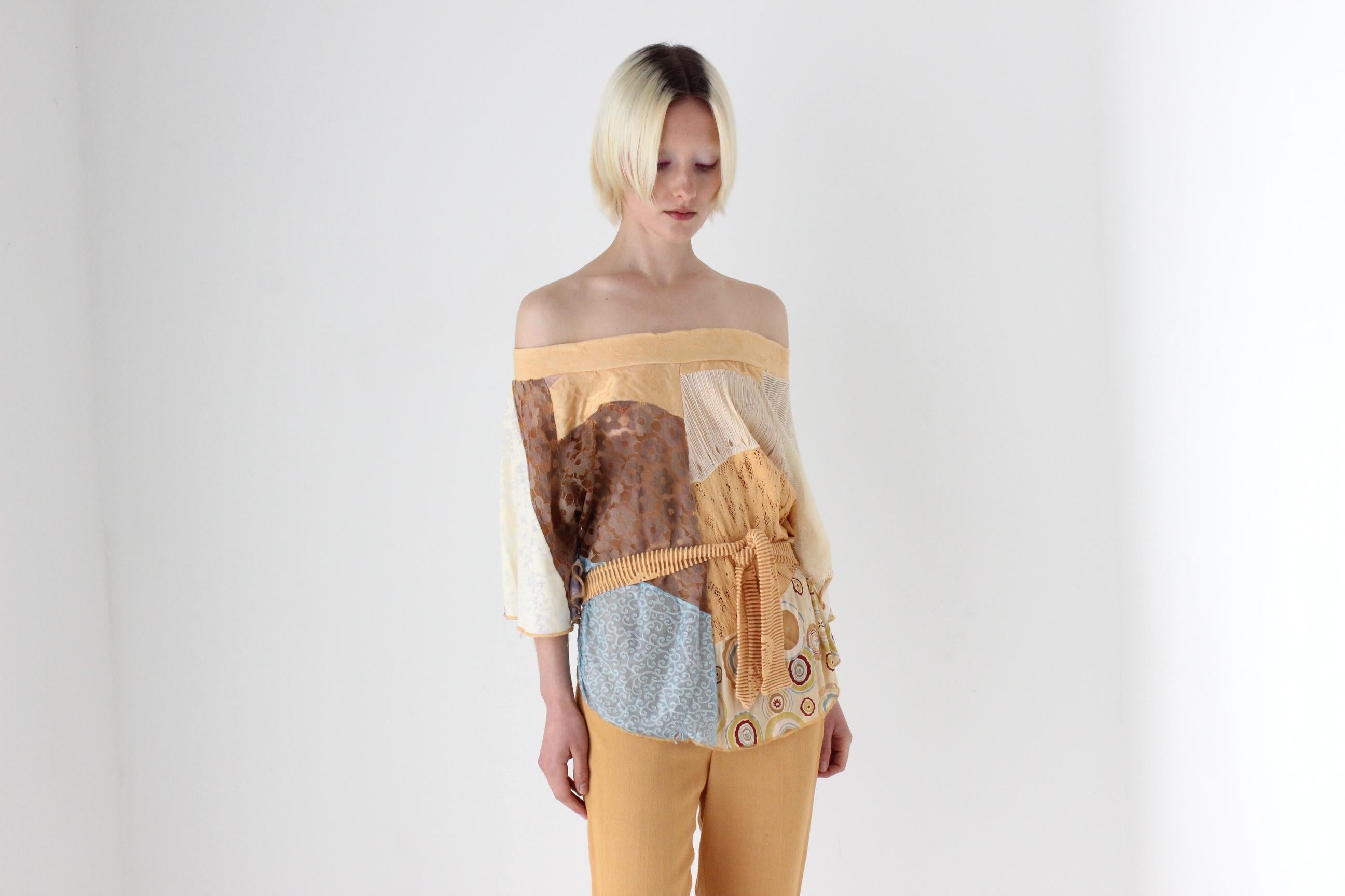 Y2K Abstract Patchwork Pastel Mesh Art Off Shoulder Top