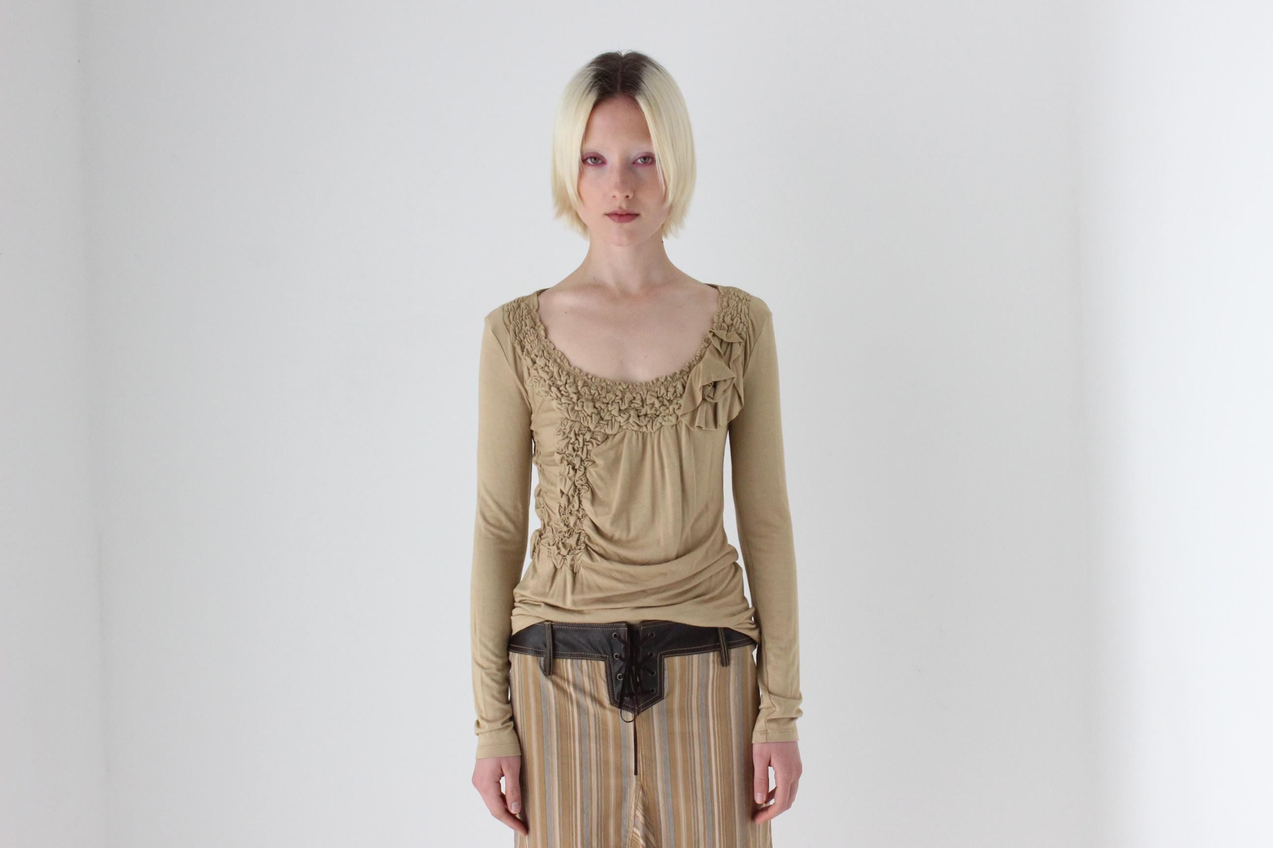 Y2K Textural Smocked Jersey Top w/ 3D Rosette