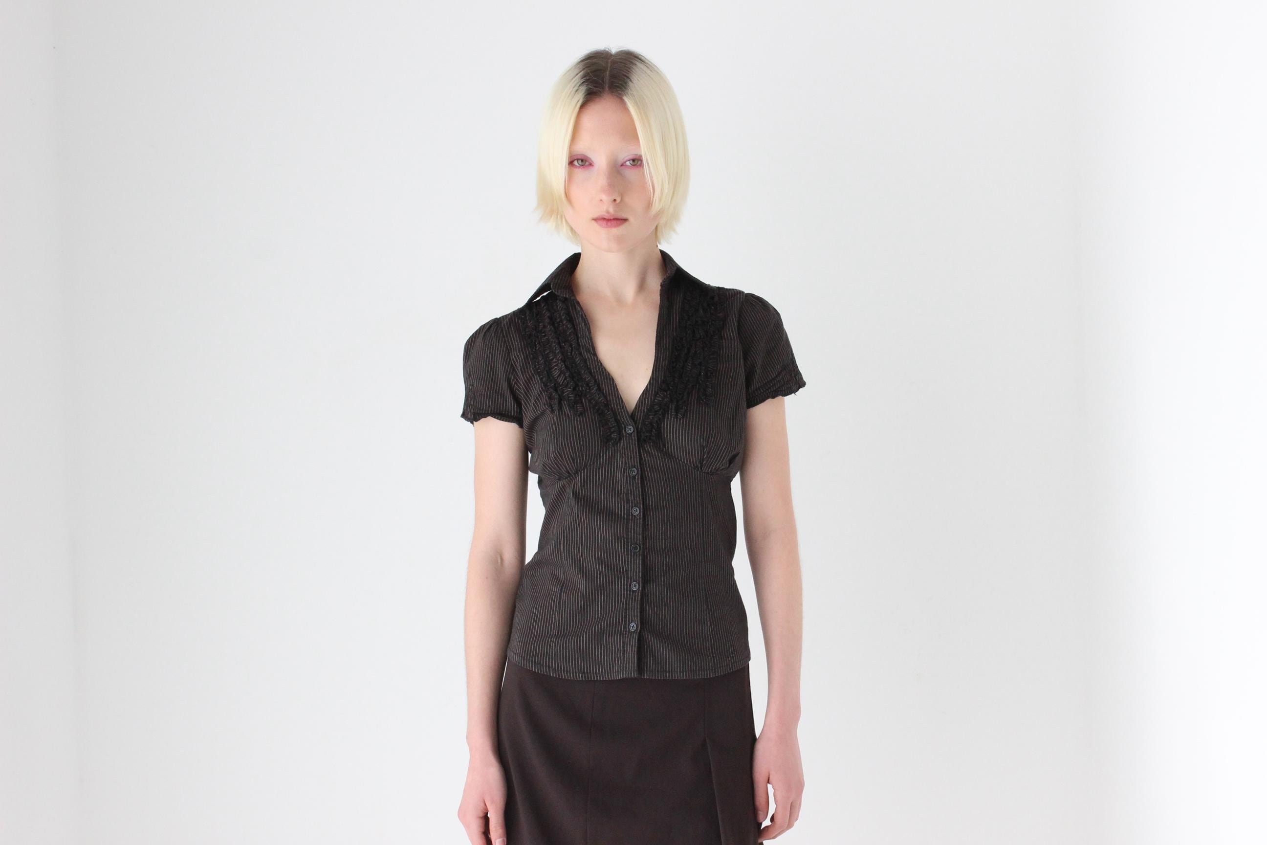 Y2K Sexy Corporate Pinstripe V Neck Blouse