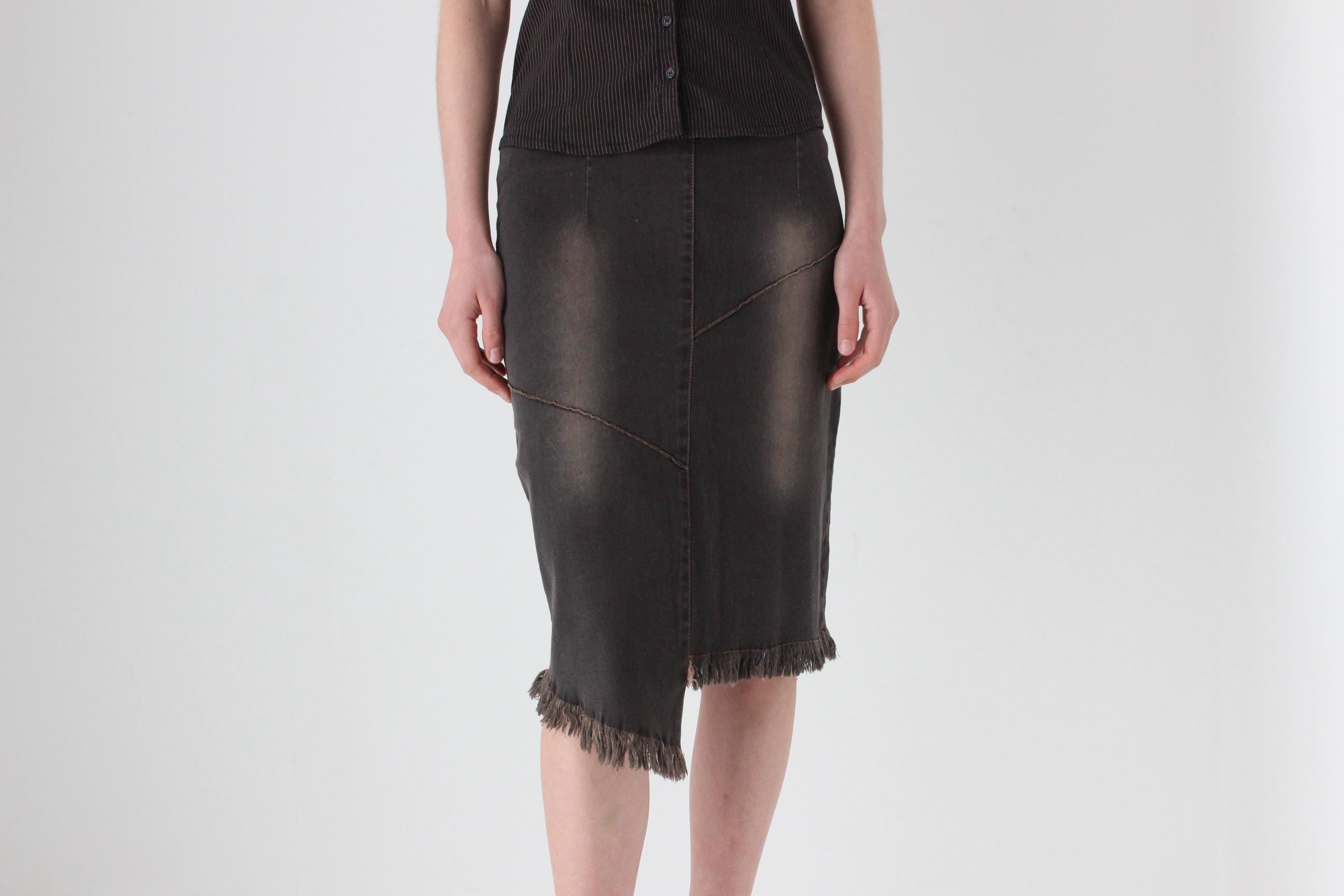 Y2K Dark Chocolate Denim Skirt w/ Fading & Fraying