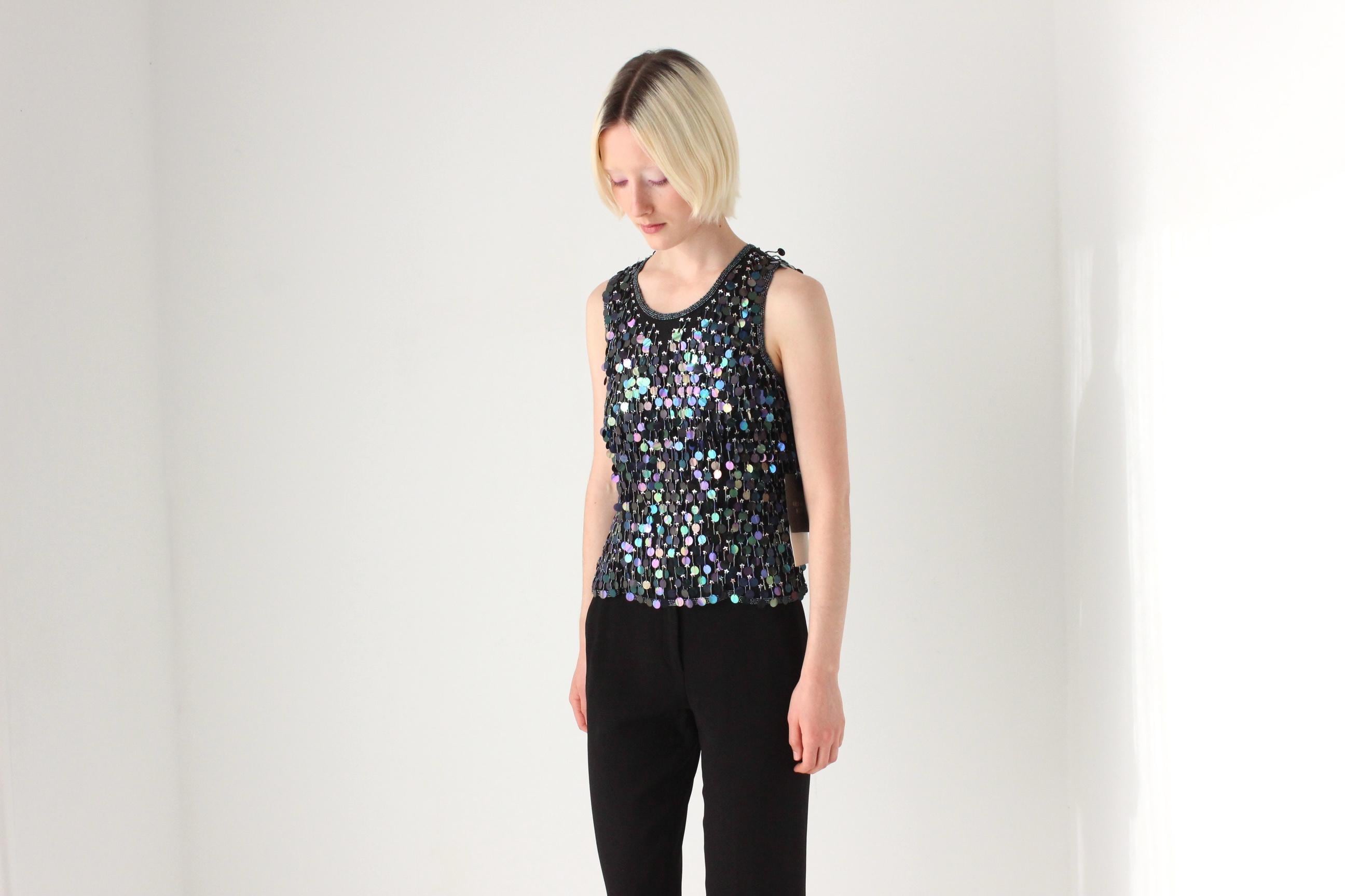 Early 2000s Italian Vintage 'Nite Chic' Black Silk & Disc Sequin Top