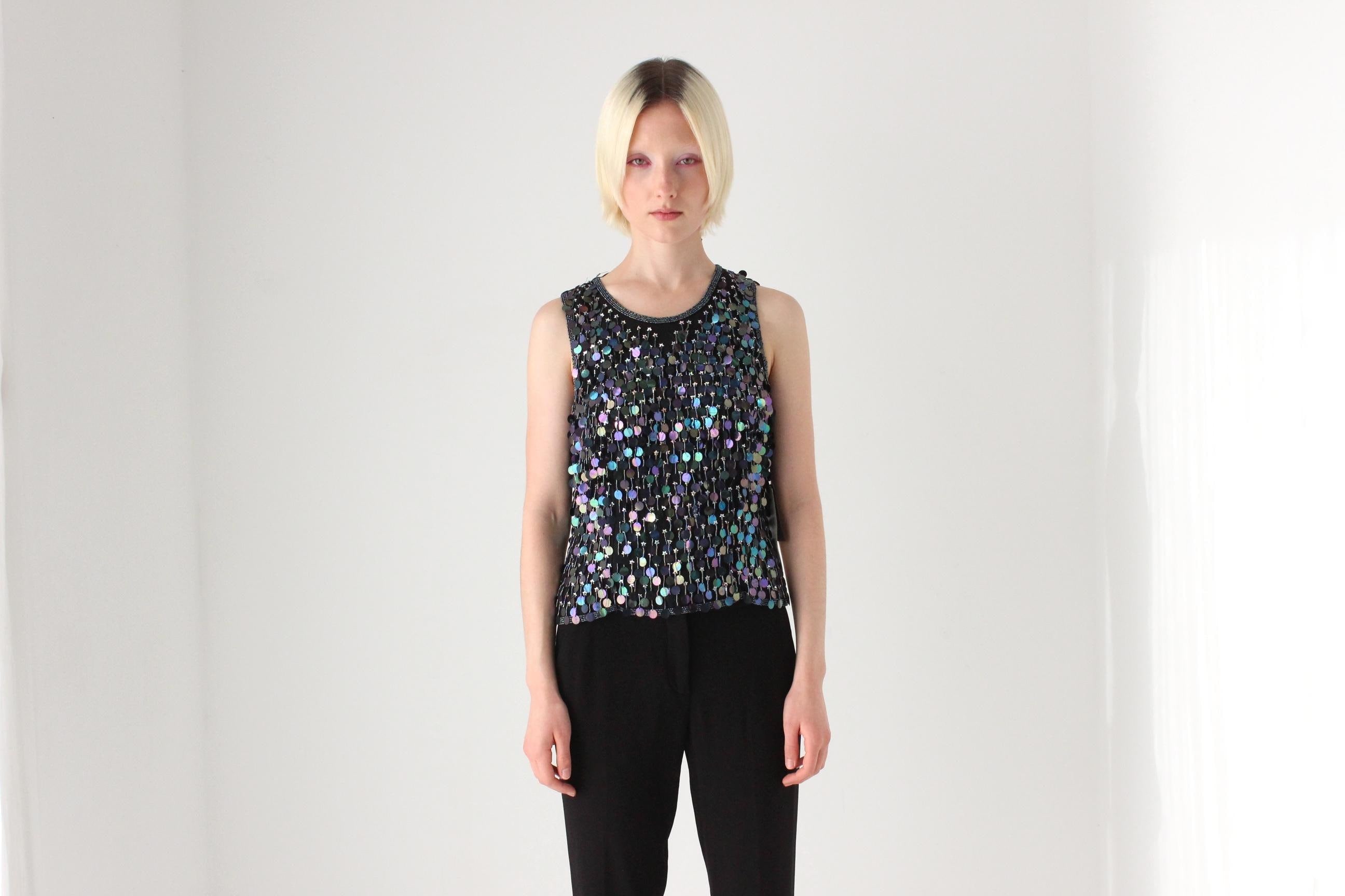 Early 2000s Italian Vintage 'Nite Chic' Black Silk & Disc Sequin Top