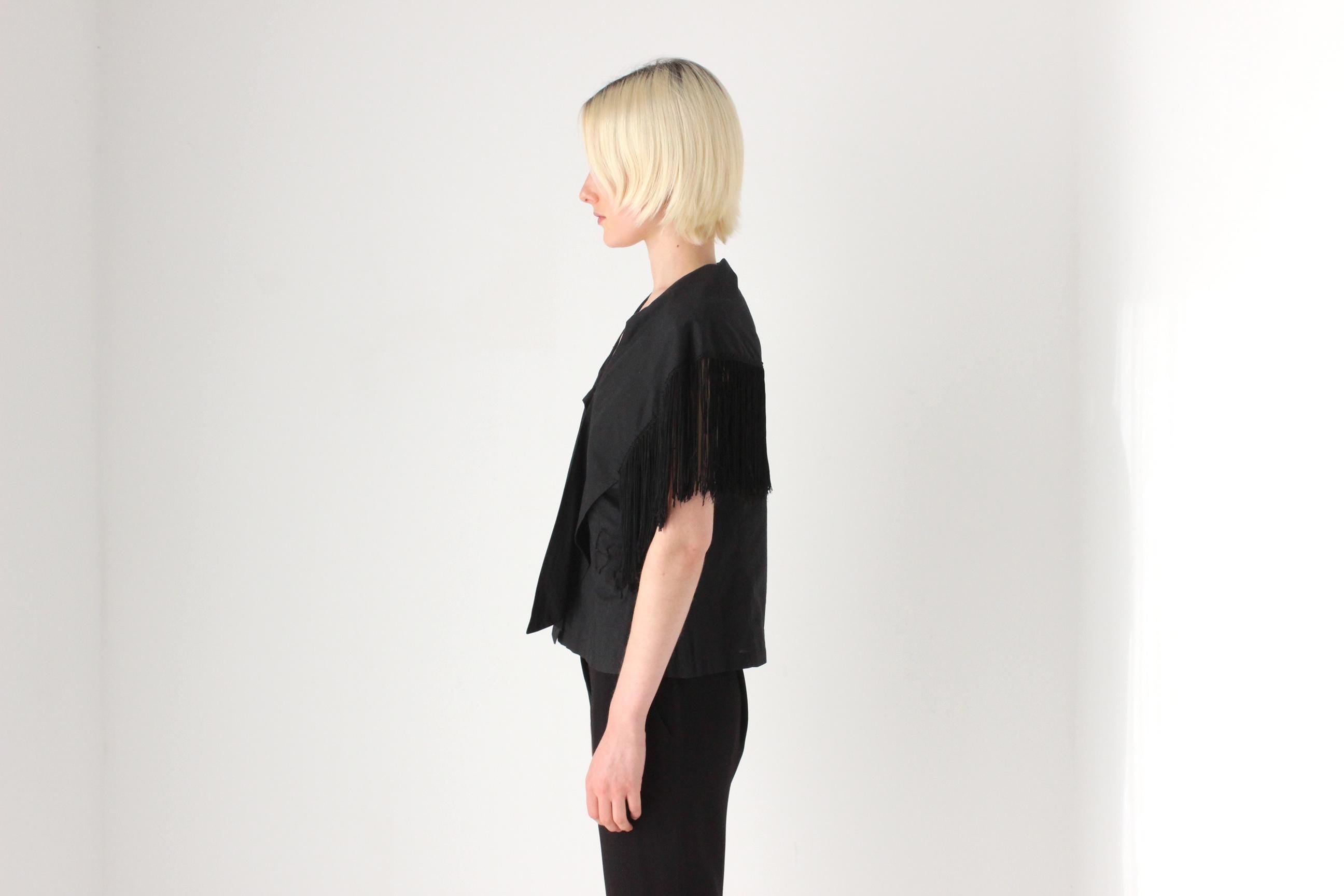 80s Black Cotton Fringe Collar / Cape Top