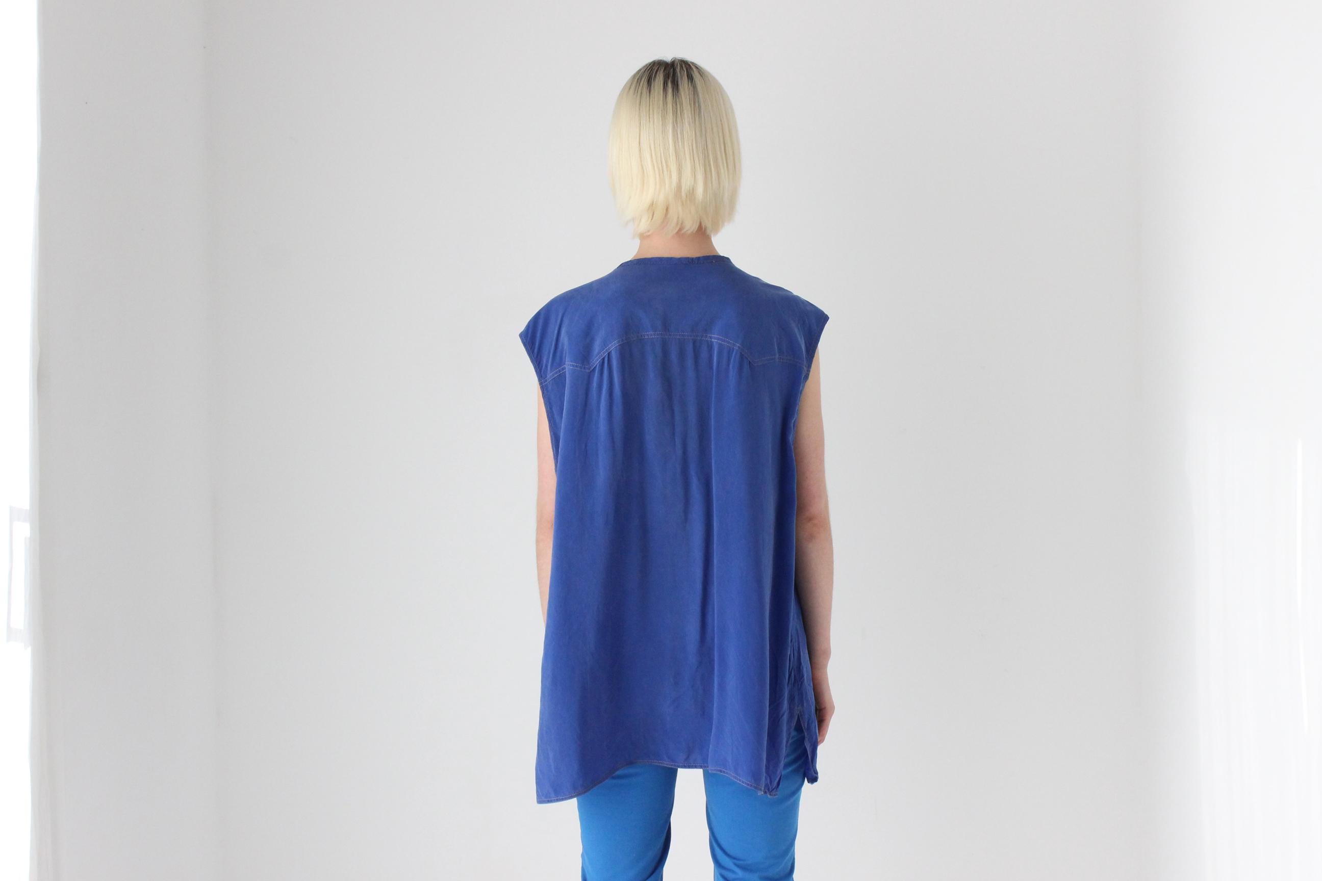 80s PURE SILK "Denim" Look Oversized Vest Shirt