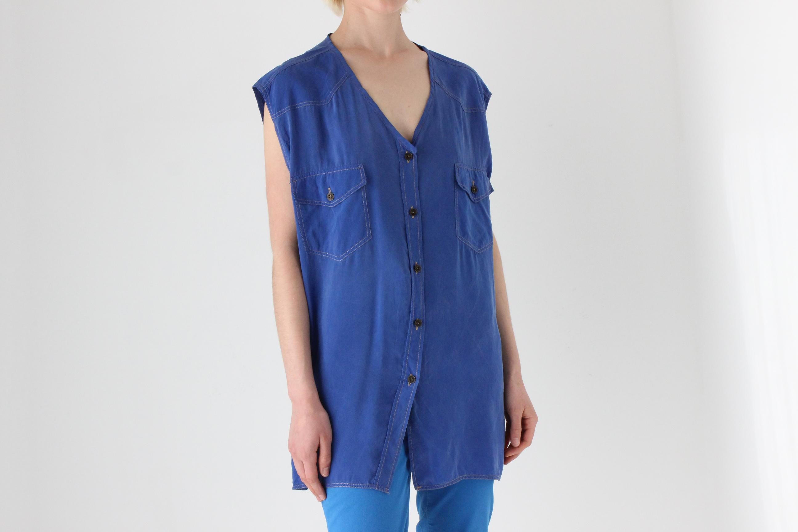 80s PURE SILK "Denim" Look Oversized Vest Shirt