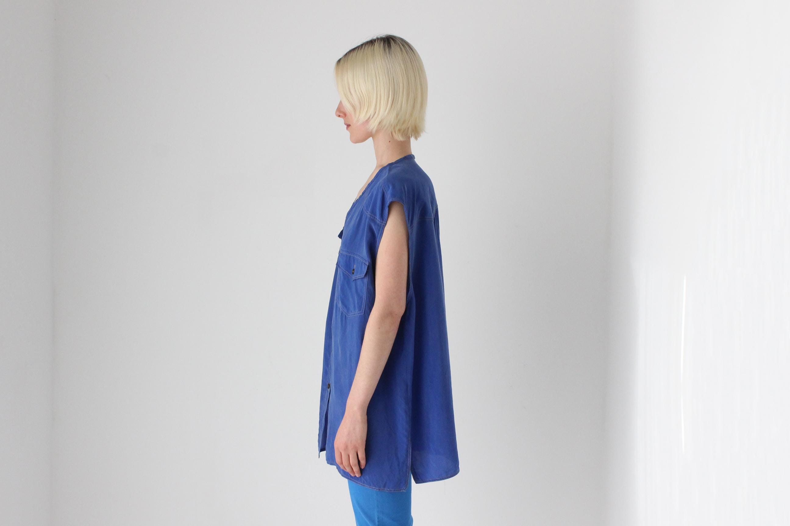 80s PURE SILK "Denim" Look Oversized Vest Shirt