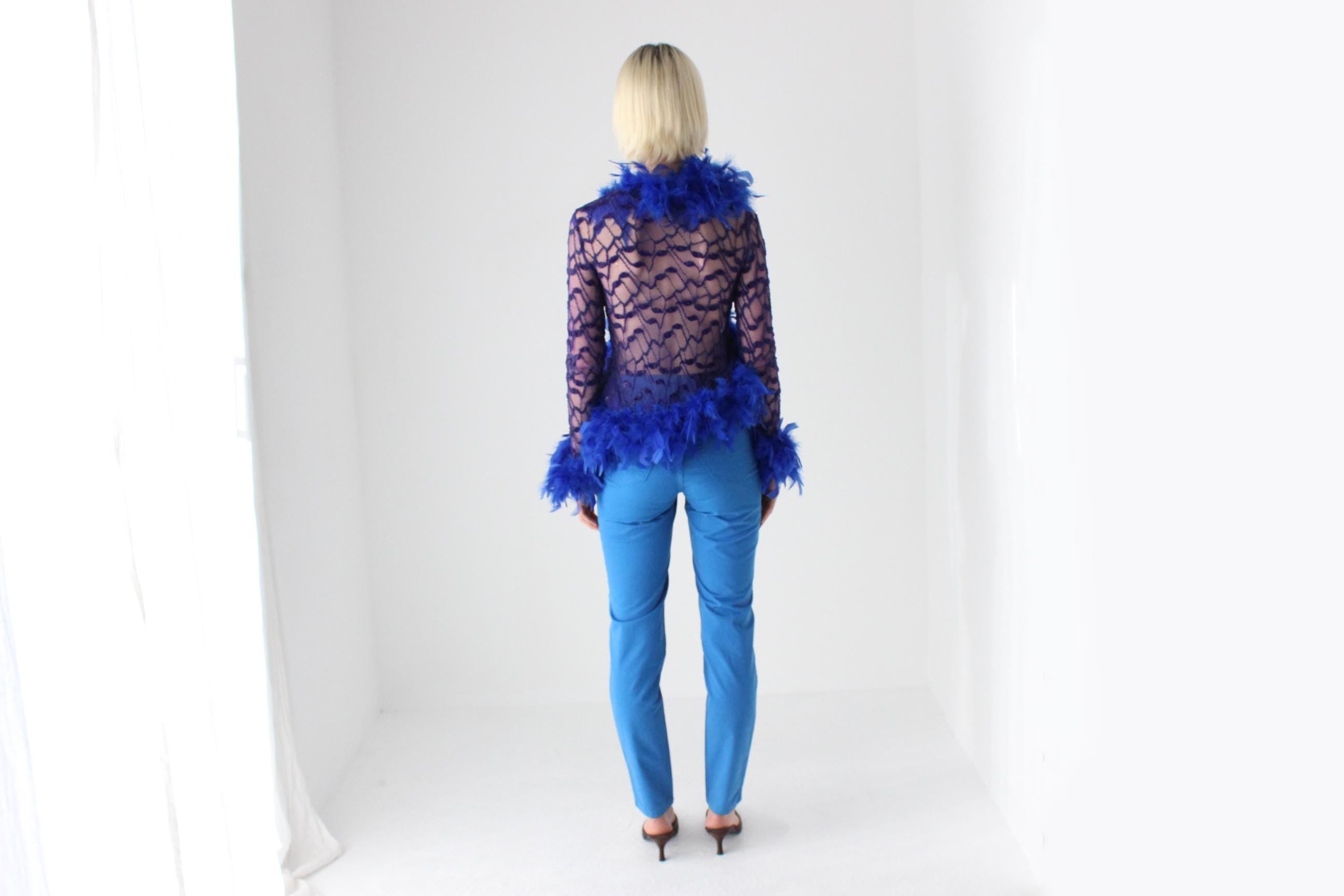 90s Cobalt Blue Lace & Feather Jacket Top