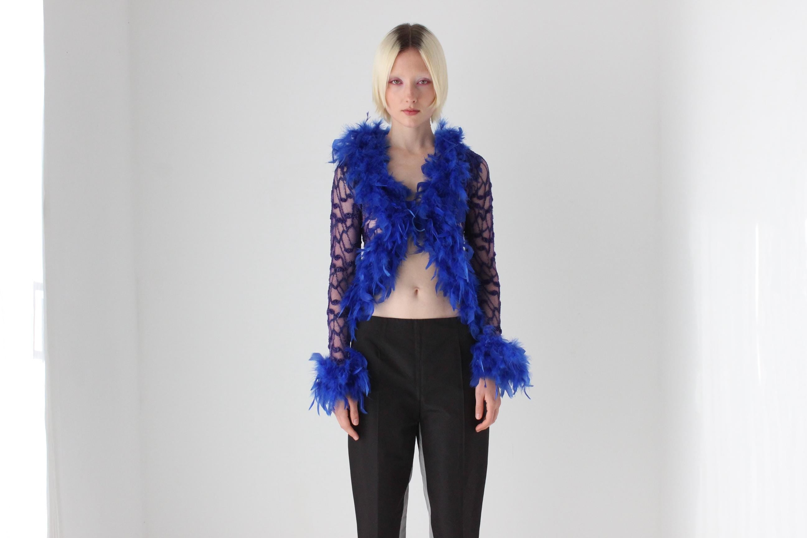 90s Cobalt Blue Lace & Feather Jacket Top