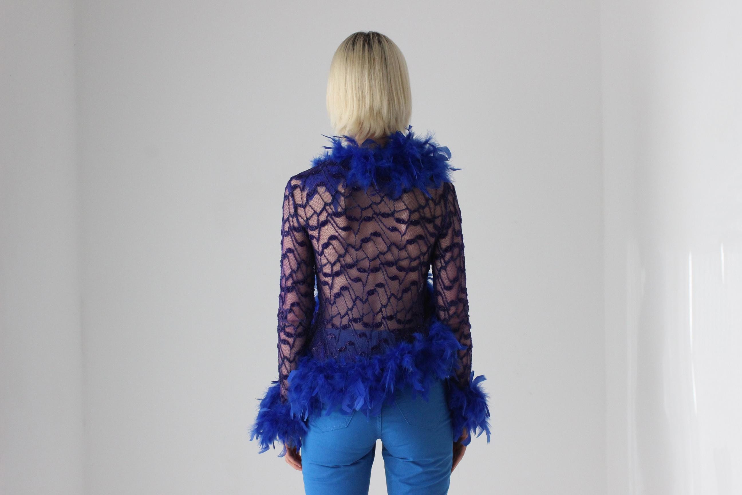 90s Cobalt Blue Lace & Feather Jacket Top