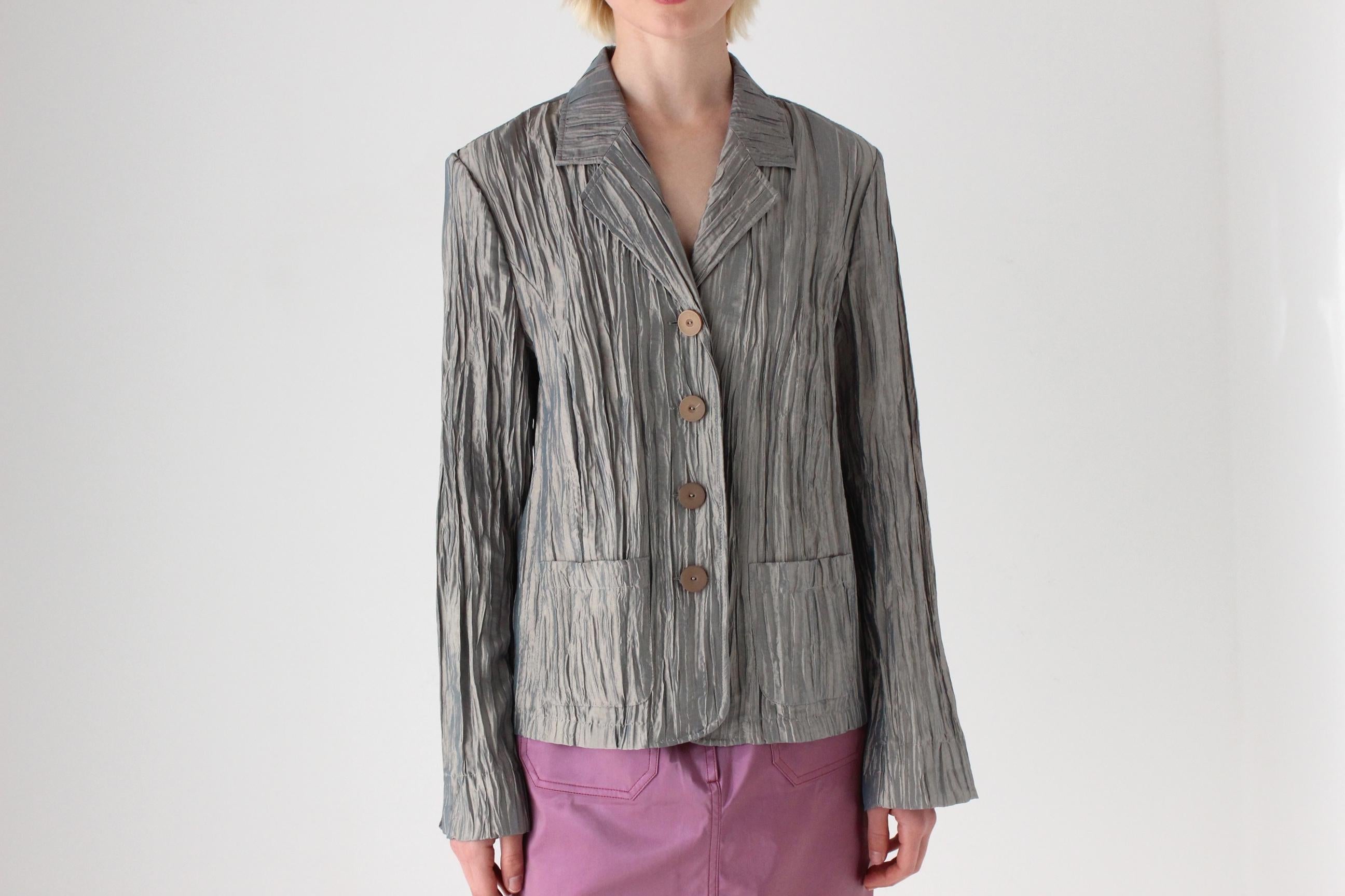 Y2K Metallic Crinkle Plisse Collared Shirt Top